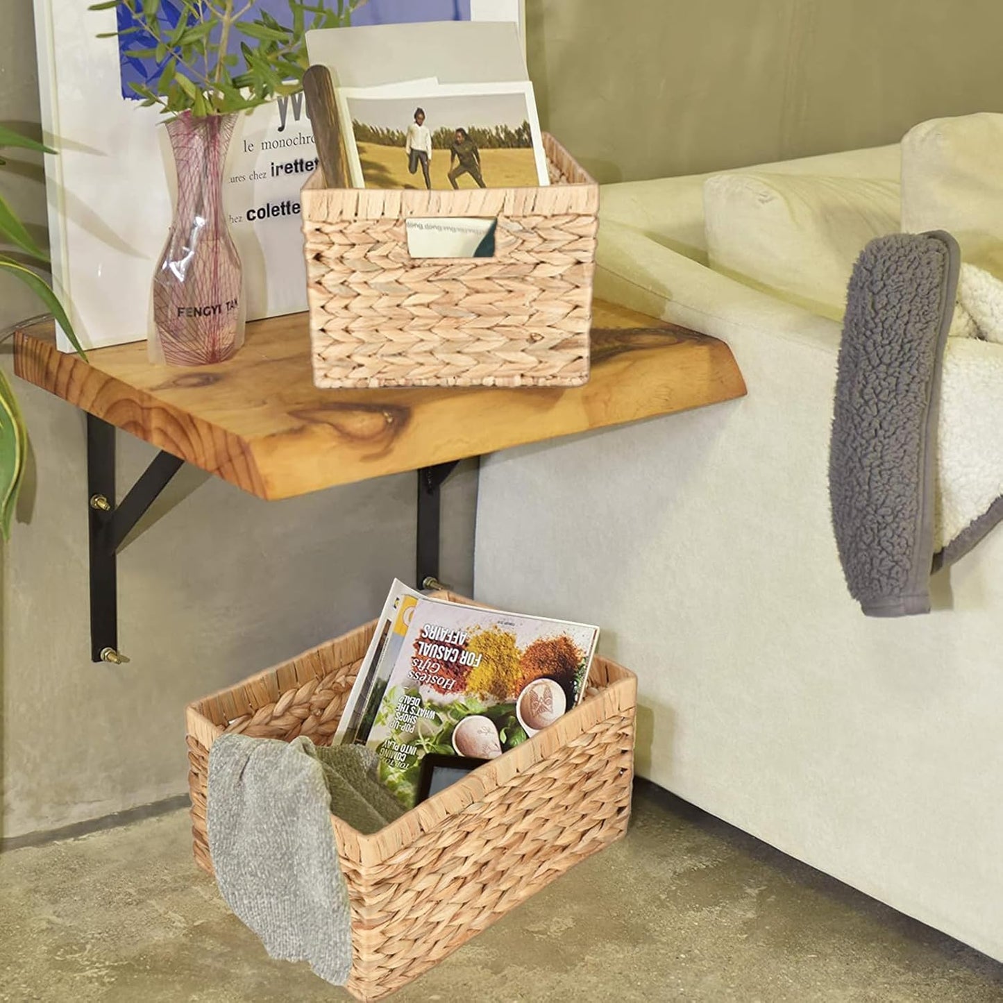 Water Hyacinth Wicker Baskets for Organizing, Rectangular Wicker Baskets with Built-in Handles,3-Pack