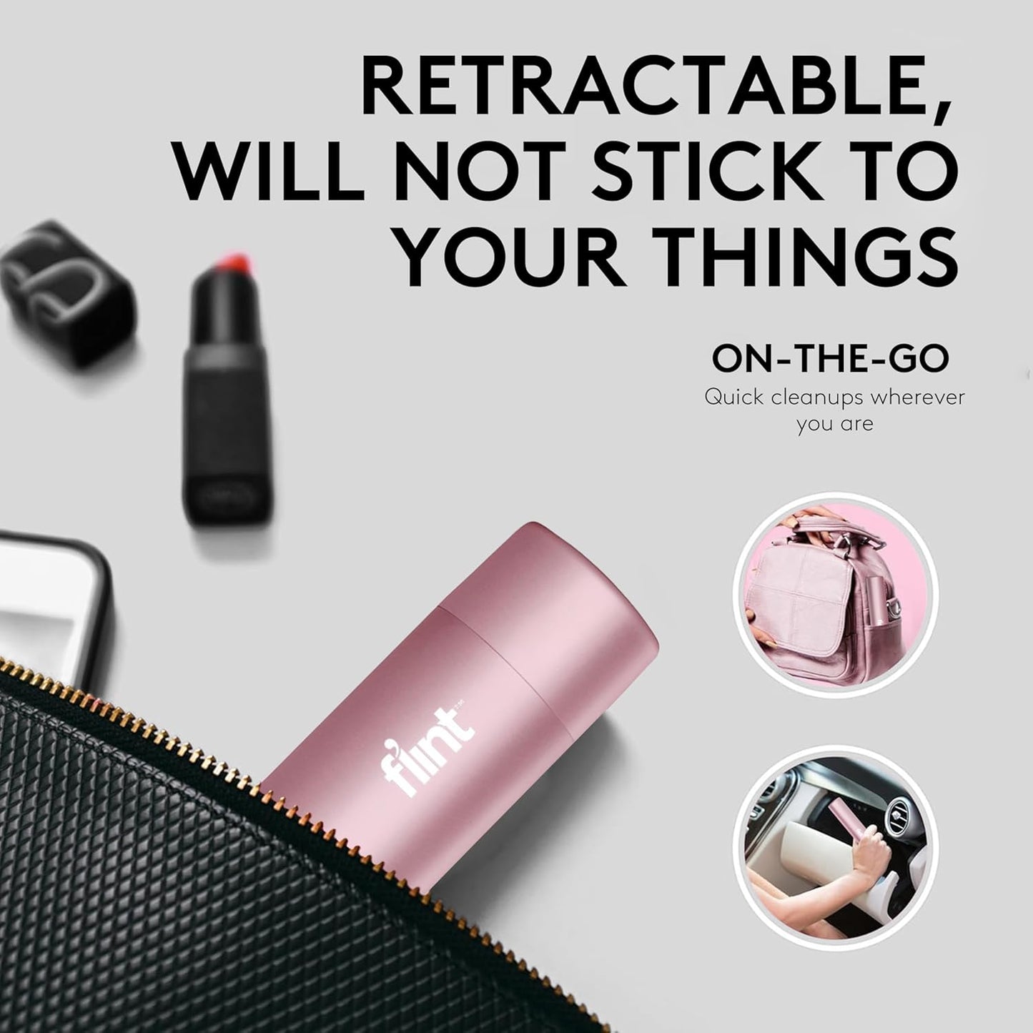 Flint Rose Gold Retractable Mini Lint Roller with 90 Extra Sticky Sheets, Small and Portable Lint Roller, Ideal Pet Hair Remover, Travel Lint Rollers for pet Hair Extra Sticky