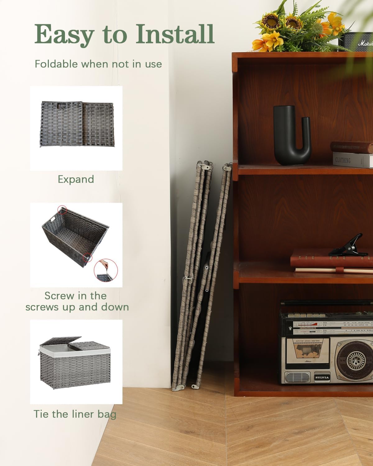 Storage Basket with Lid Rattan Storage Basket with 2 Separate Lid, 27.8 Gallon (105 L) 25.2 * 15.4 * 16.1 Inches Woven Wicker Baskets with 2 Liners and Handles for Bedroom Laundry-Gray