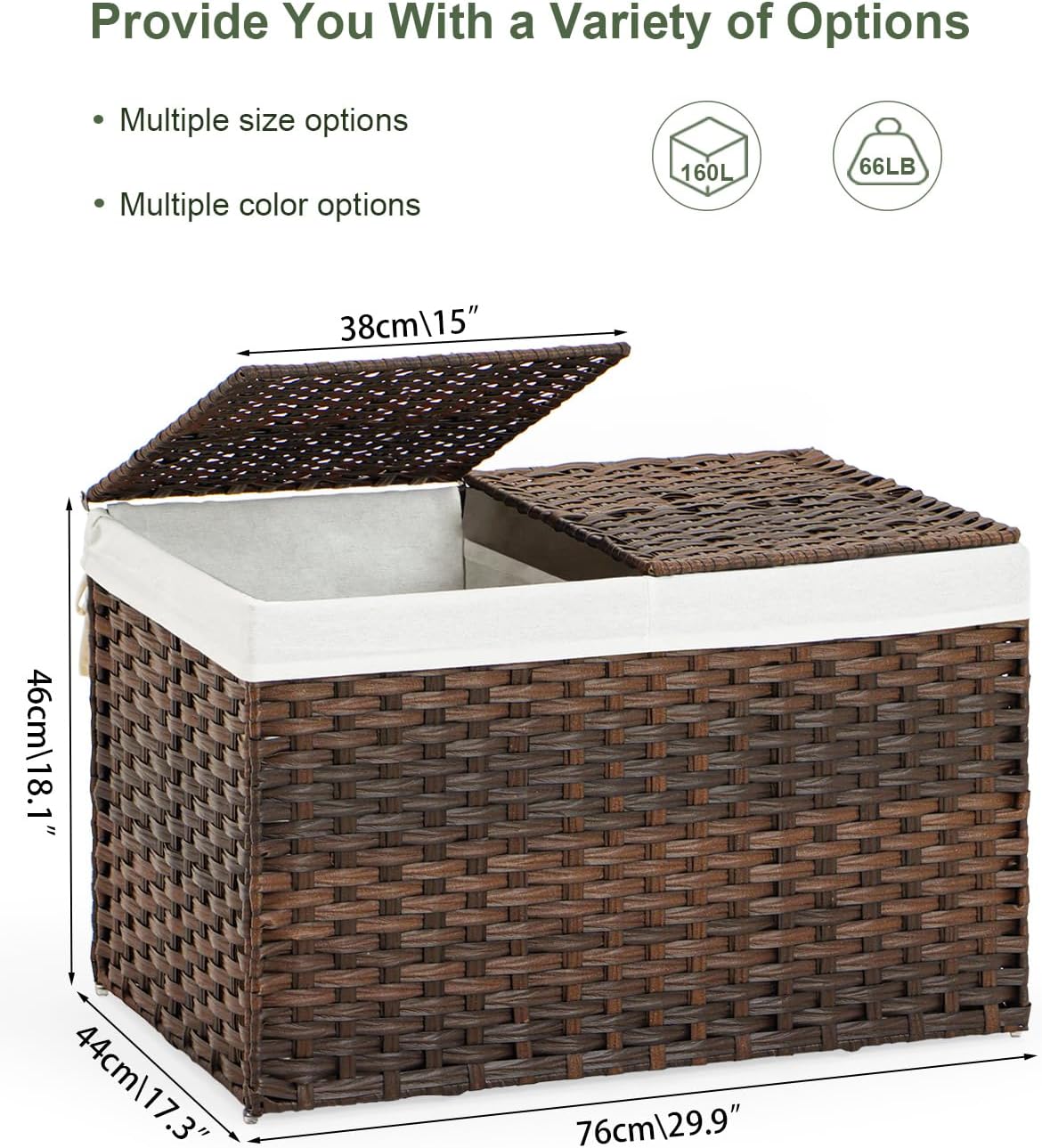 Storage Basket with Lid Wicker Baskets for Storage with 2 Separate Lid 42.3 Gallon (160 L) 29.9 x 17.3 x 18.1 Inches Rattan Woven Large Wicker Basket with 2 Liners for Bedroom Laundry Brown