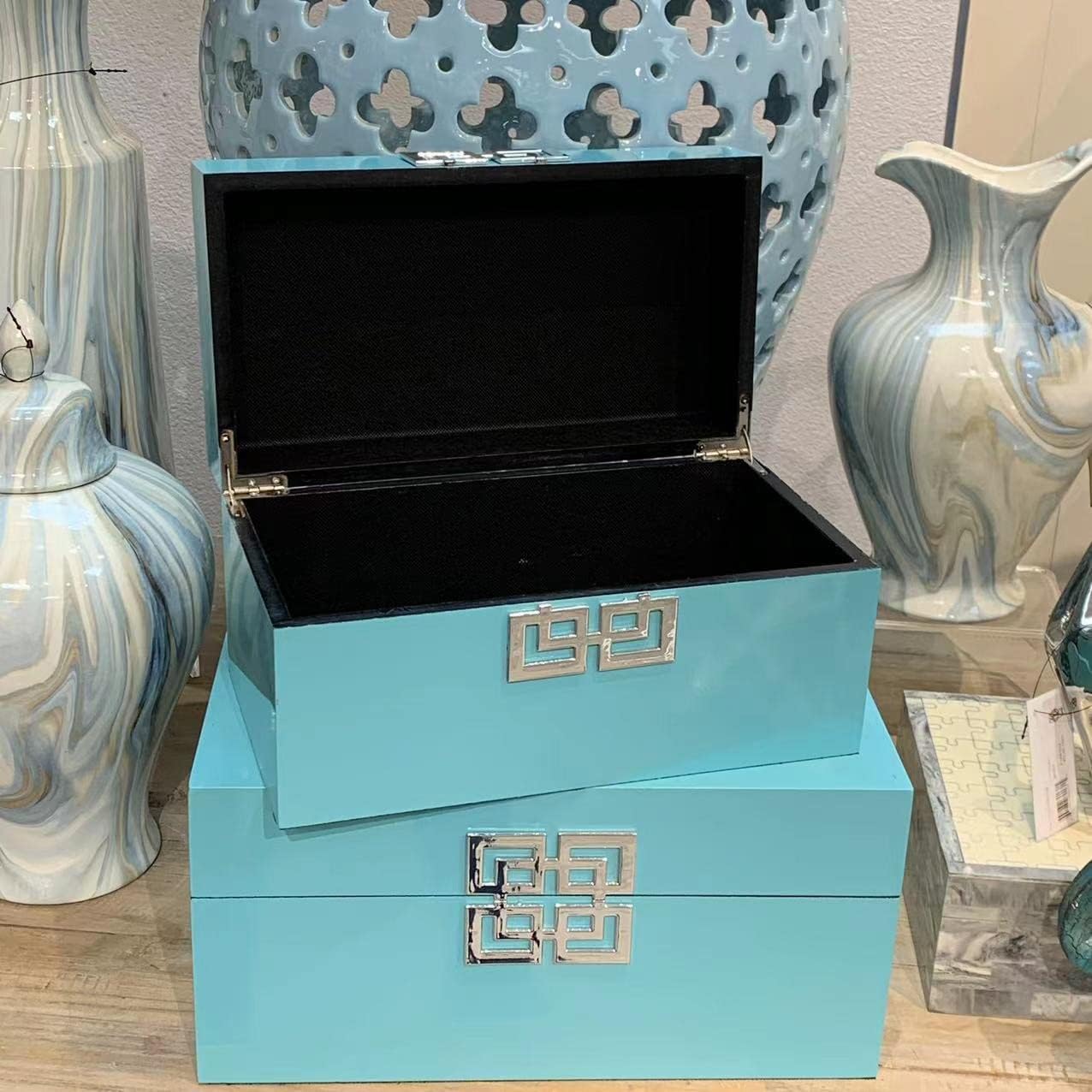 Galt International Large & Small Decorative Storage Box w/Hinged Lid - Classic Design Wood Decor Boxes with Geometric Opening Clasp - Storage for Bedroom and Home - Set of 2 (Blue)