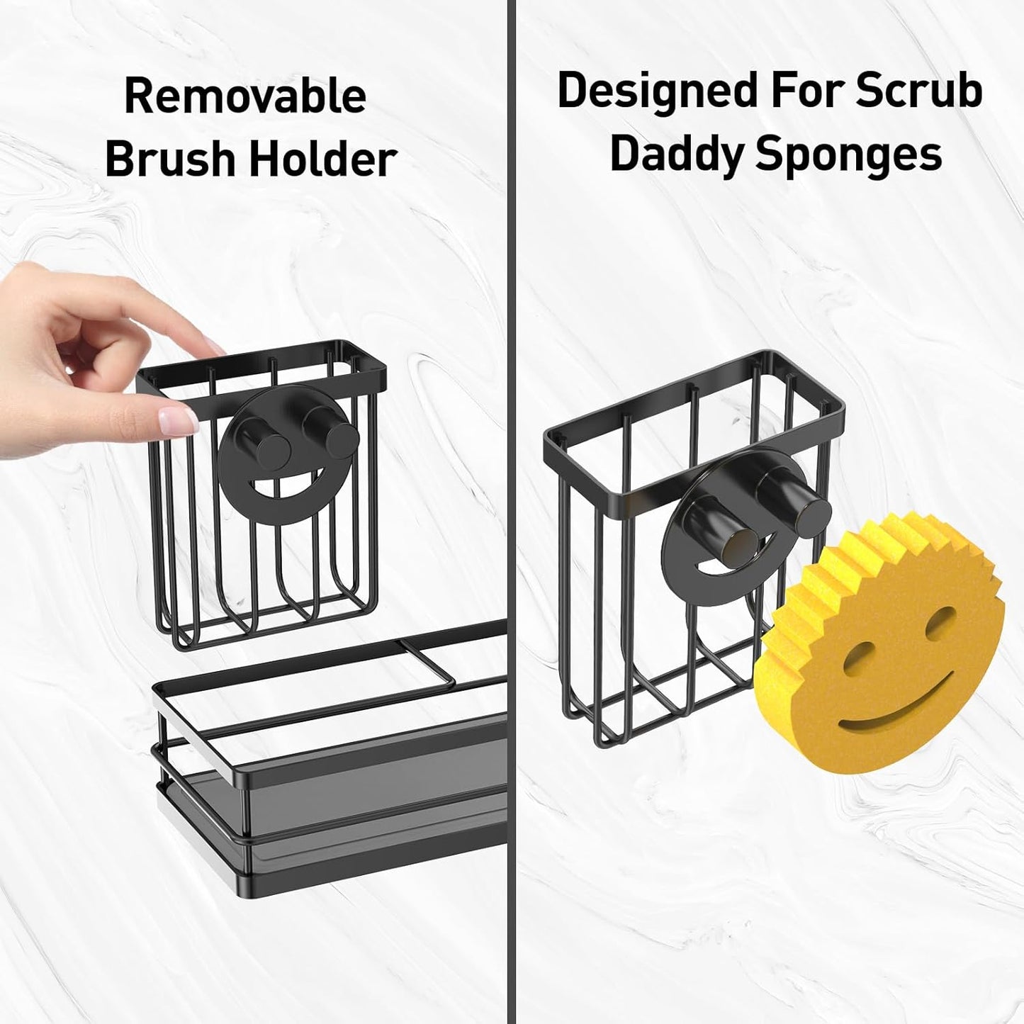 Moforoco Kitchen Dish Soap Dispenser Set, 16OZ Glass Bottle, Hand and Dish Soap Dispenser Set, Instant Dry Tray, Non-Slip Silicone Pad, Brush Holder with Smiley Face Sponge Holder（Black）