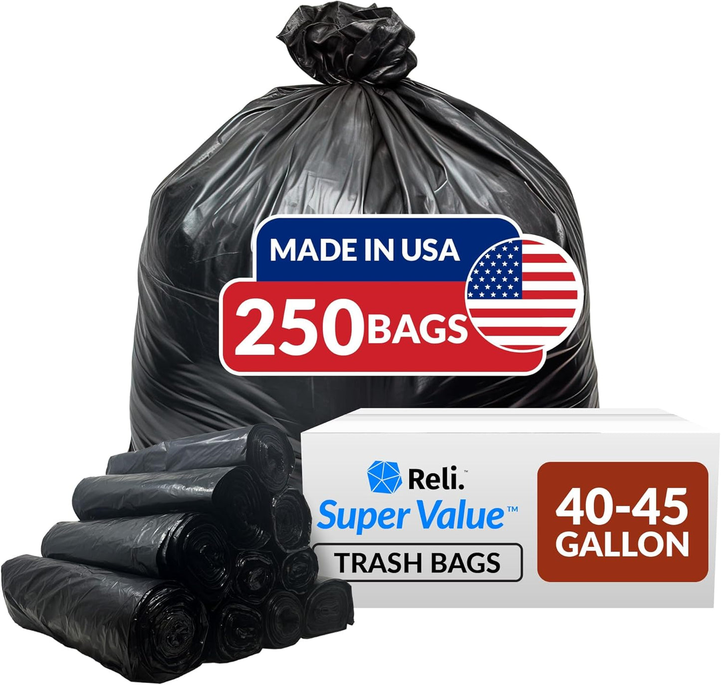 Reli. 40 to 45 Gallon Trash Bags Heavy Duty | 250 Trash Bags | Super Sizeable, Black, Garbage for Serious Cleanup