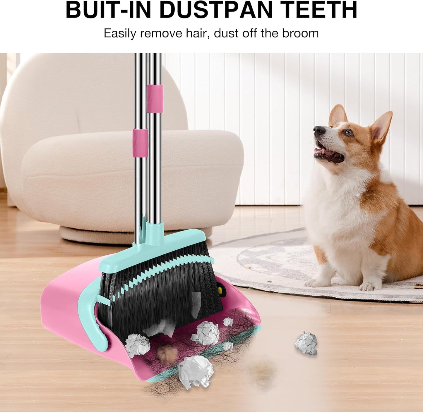 Broom and Dustpan Set, 52-in Long Adjustable Handle Broom Dustpan Combo with Dust pan Teeth to Automatically Clean Hair Suitable for Home Kitchen Office Hall Floor (Pink&Blue), 2 Pack