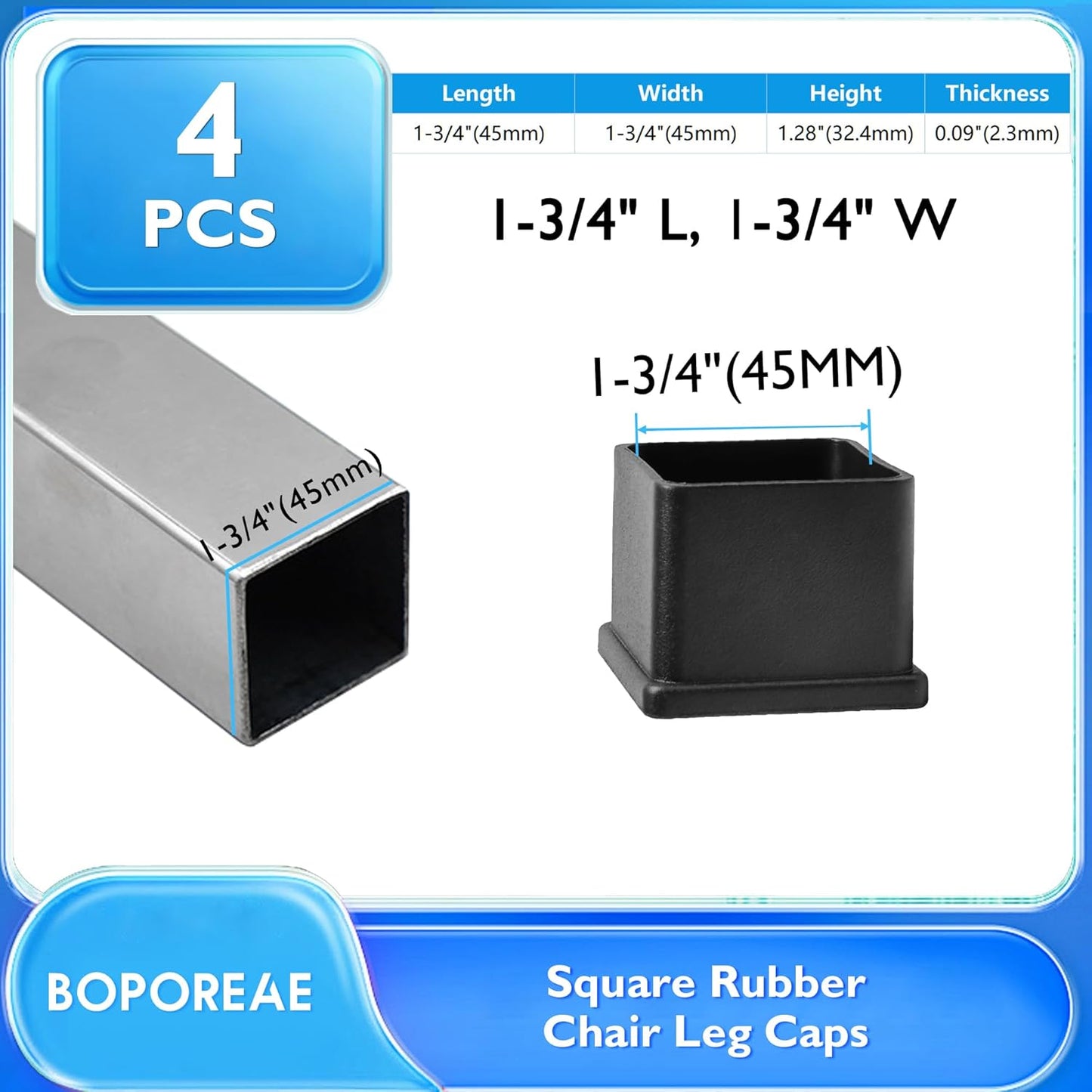 4 Pcs 1-3/4" x 1-3/4" Square Rubber Chair Leg Caps, PVC Table Leg Covers, Flexible & Anti-Slip Furniture Leg End Caps, Chair Leg Floor Protectors for Bar Stool Leg Patio Indoor, Black