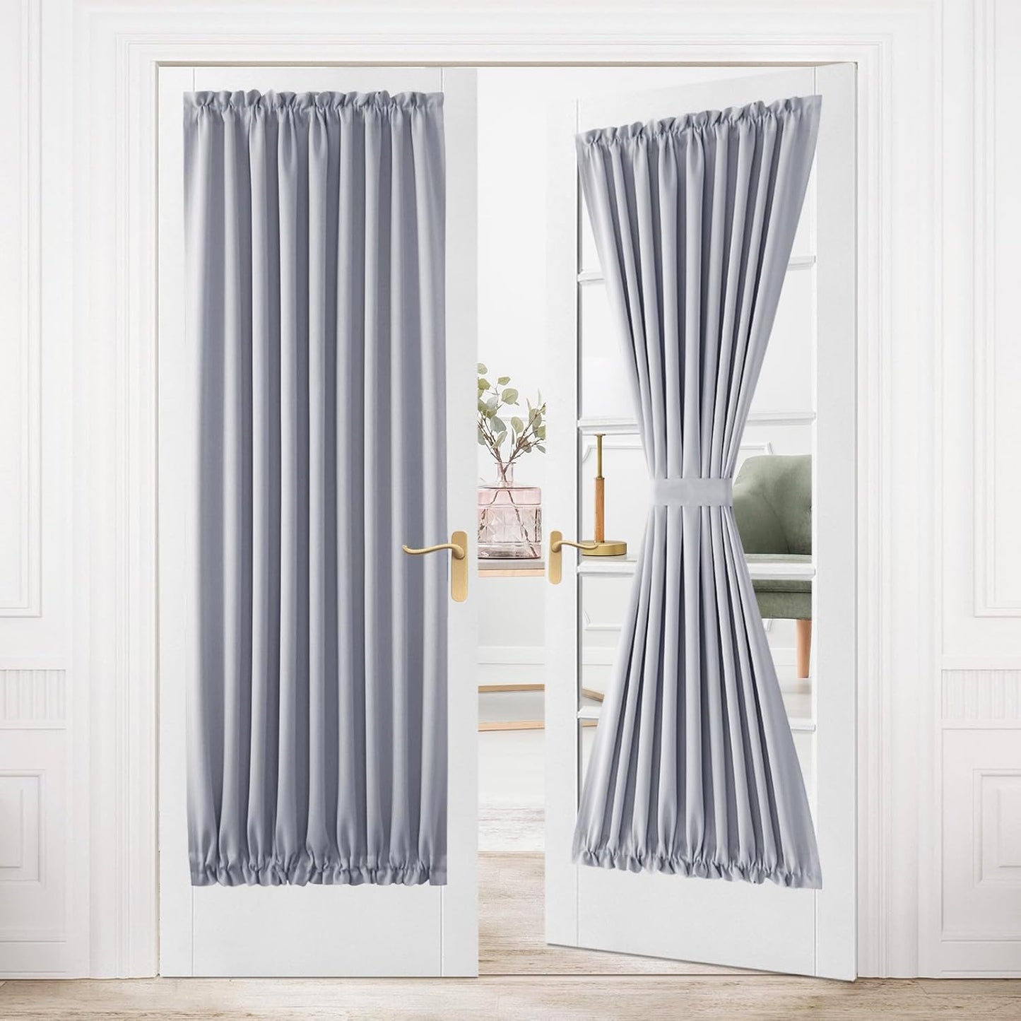 DWCN French Door Curtains – Rod Pocket Thermal Blackout Curtain for Window/Patio Doors/Doorways/Classroom/Kitchen for Privacy, 36W by 80L Inches, 1 Panel with Tieback, Silver Grey