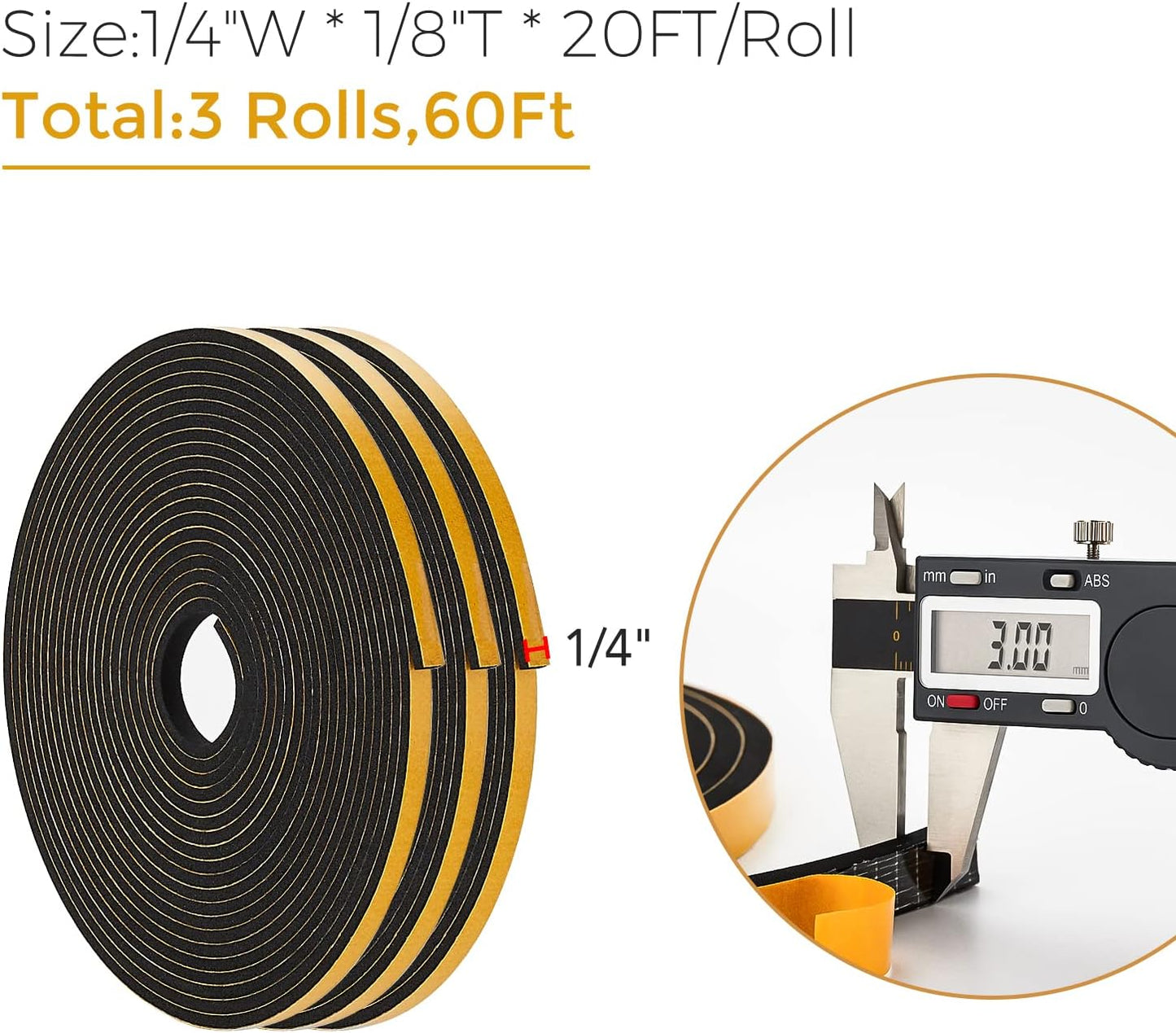 60 Feet Weather Stripping Door Seal, 1/4" Wide X 1/8" Thick Door Seal Strip High Density Foam Tape Adhesive Strip for Door Soundproofing,Window Insulation (1/4" x 1/8" x 60FT,Black)