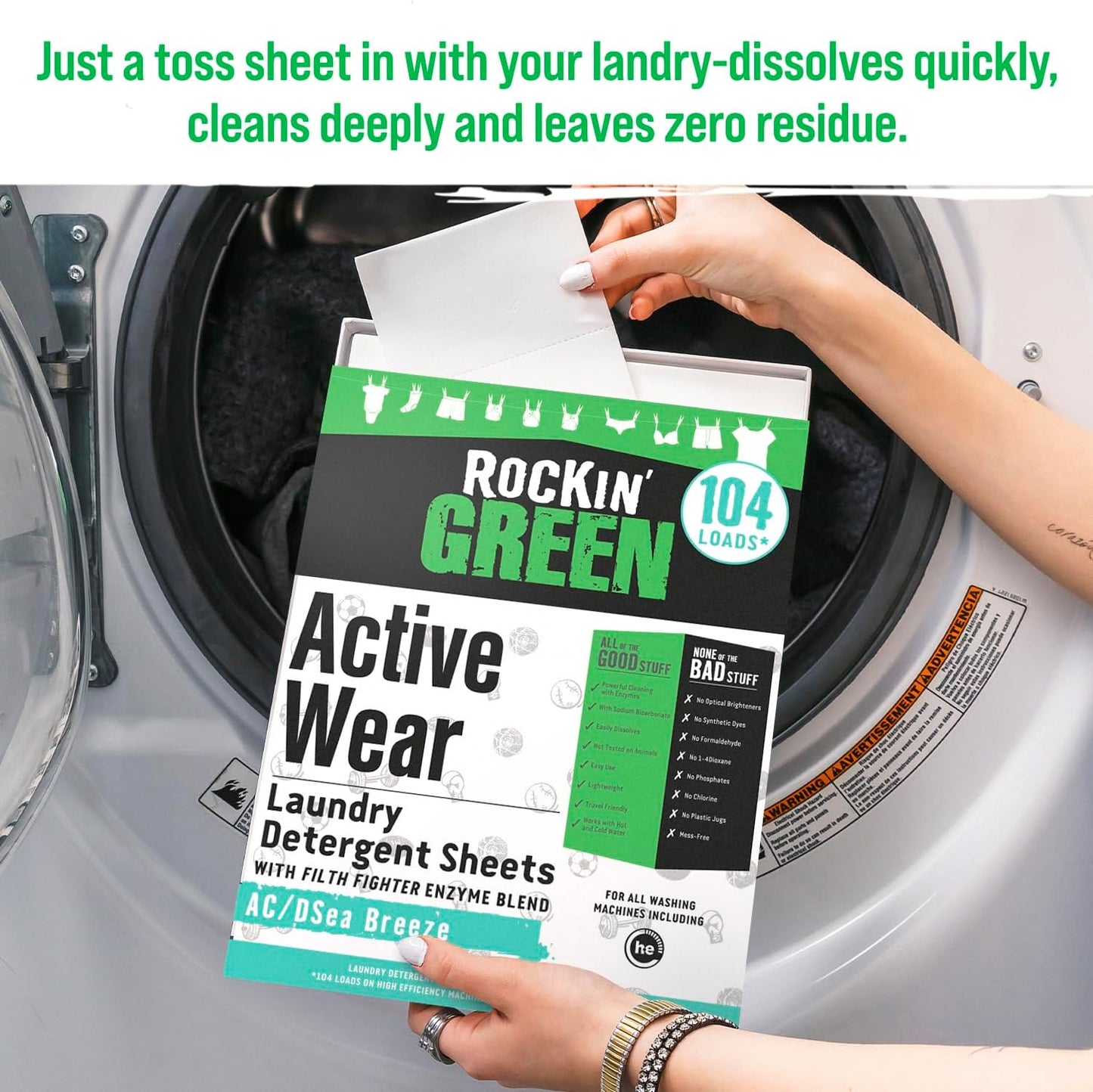 Rockin' Green Active Wear Travel Laundry Detergent Sheets - Mess-Free Laundry Sheet Detergent with Sodium Bicarbonate - Easily Dissolvable Laundry Soap Sheets (104 Loads, AC/DSea Breeze)