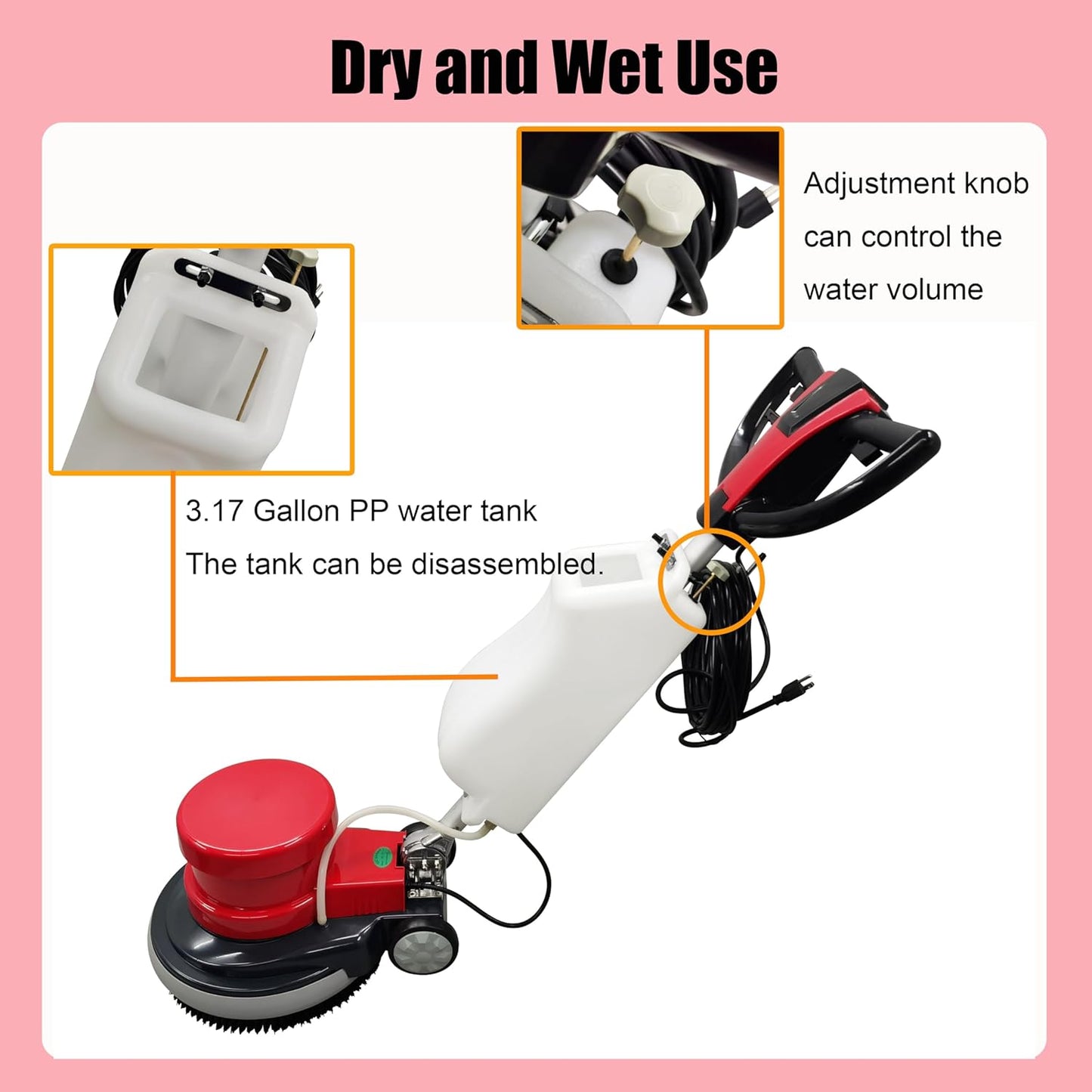 Floor Scrubber Buffer Heavy Duty Polisher Machine Polished Waxed Refurbished Tile Scrubber Cleaner Wood Marble Cement Pavement Epoxy Rubber Carpet Red Commercial Industrial Domestic