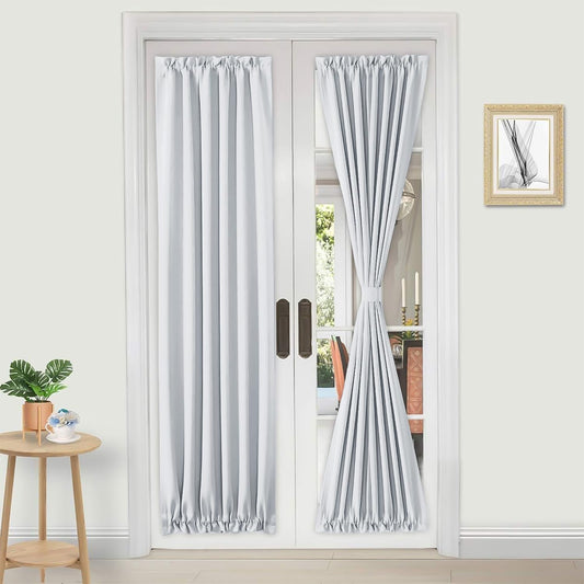DWCN French Door Curtains – Rod Pocket Thermal Curtain for Doors with Glass Window, Kitchen and Patio Doors for Privacy, 25 X 80 Inches Long, 1 Curtain Panel with Tieback, Greyish White