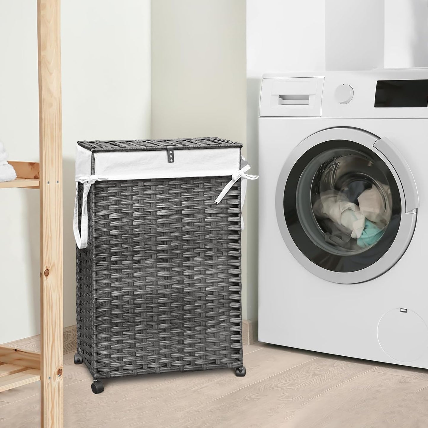70L Slim Laundry Hamper with Lid & Wheels, 2-Park Rolling Laundry Basket with 4 Removable Liner Bags & 3 Mesh Bags, Narrow Dirty Clothes Basket, Foldable Handwoven Rattan Laundry Sorter, Grey
