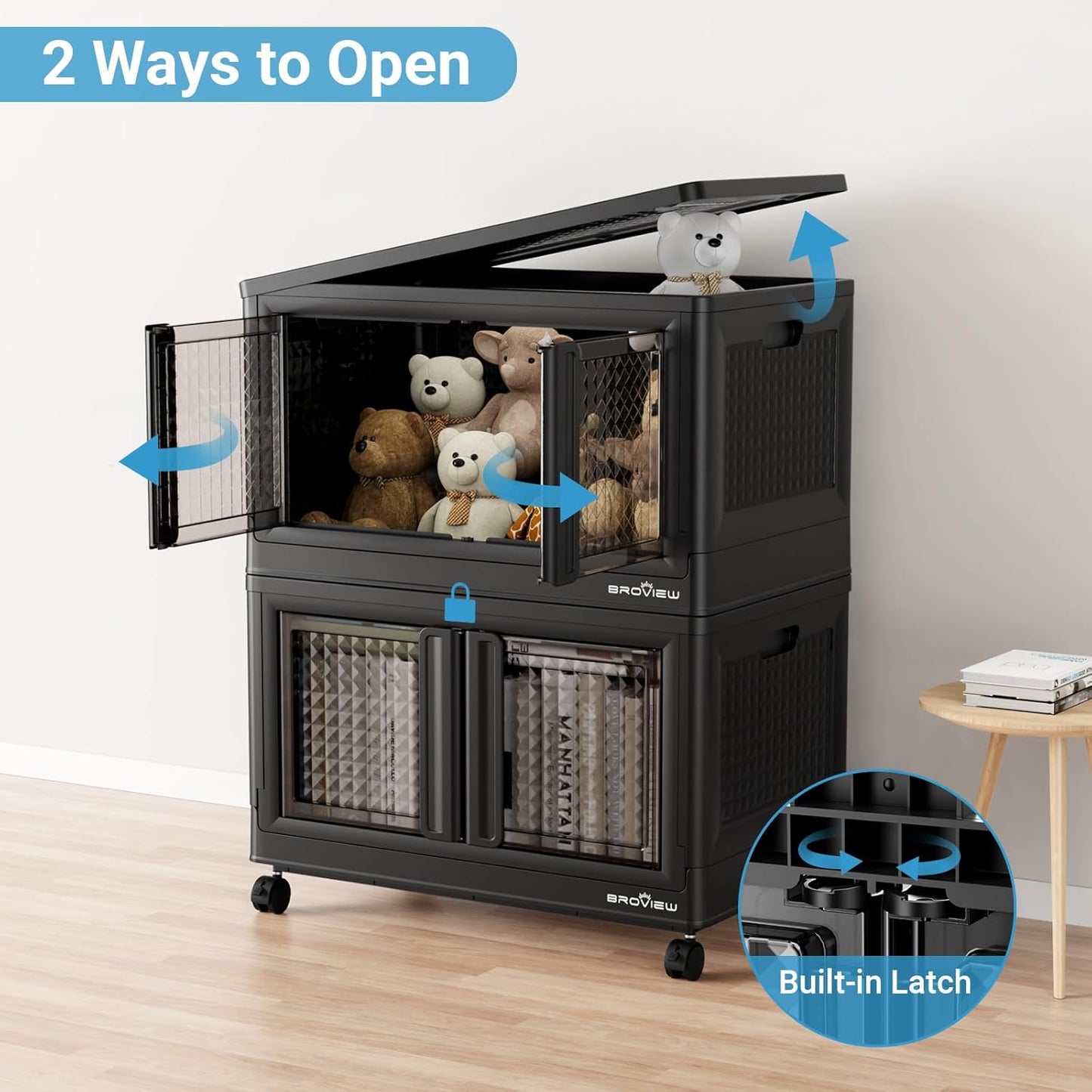 BROVIEW 100 Qt Stackable Storage Bin with Lid & Doors, 1 Pack Plastic Closet Organizer and Storage Drawer with Wheels, Large Collapsible Storage Box, Cabinet for Home, Office, V10, Black