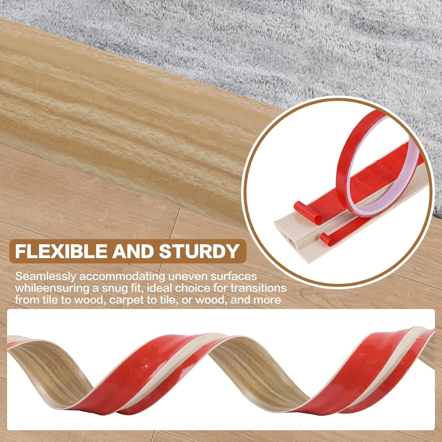 Floor Transition Strip Vinyl Door Threshold Ramp Self Adhesive Carpet Edging Strip Doorway Edge Trim, Overlap Edge Reducer for Laminate Carpet, Floor, Tile (Light Yellow Grain, 3/5" to 4/5", 6.6Ft)