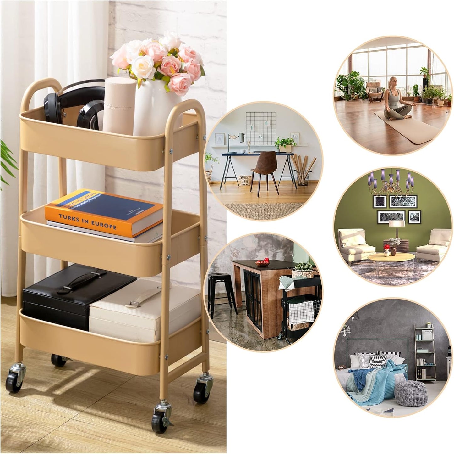 AGTEK Makeup Cart, Movable Rolling Organizer Cart, 3 Tier Metal Utility Cart with Lockable Wheels for Home & Office, Golden