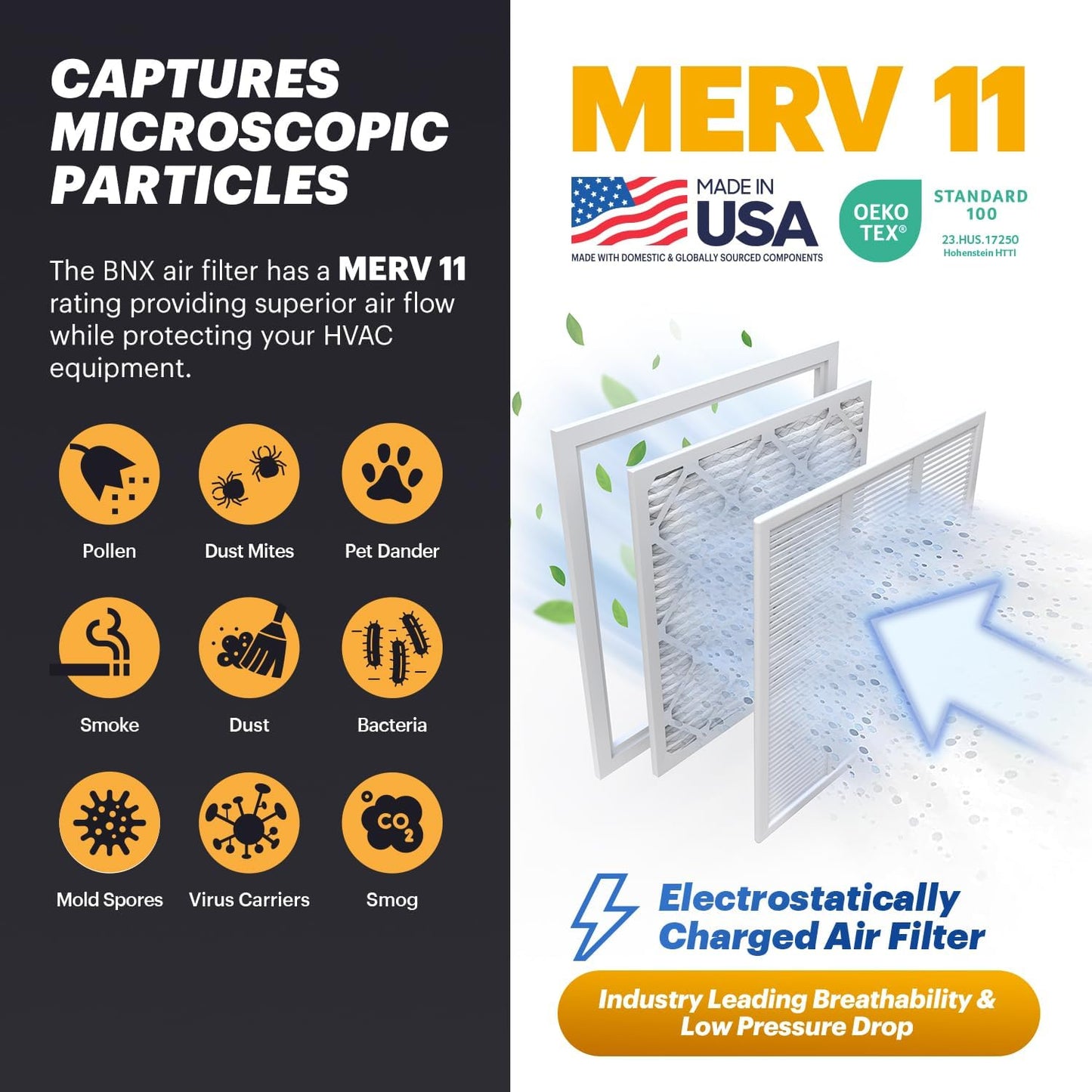 BNX TruFilter 12x12x1 Air Filter MERV 11 (6-Pack) - MADE IN USA - Allergen Defense Electrostatic Pleated Air Conditioner HVAC AC Furnace Filters for Allergies, Dust, Pet, Smoke, Allergy MPR 1200 FPR 7