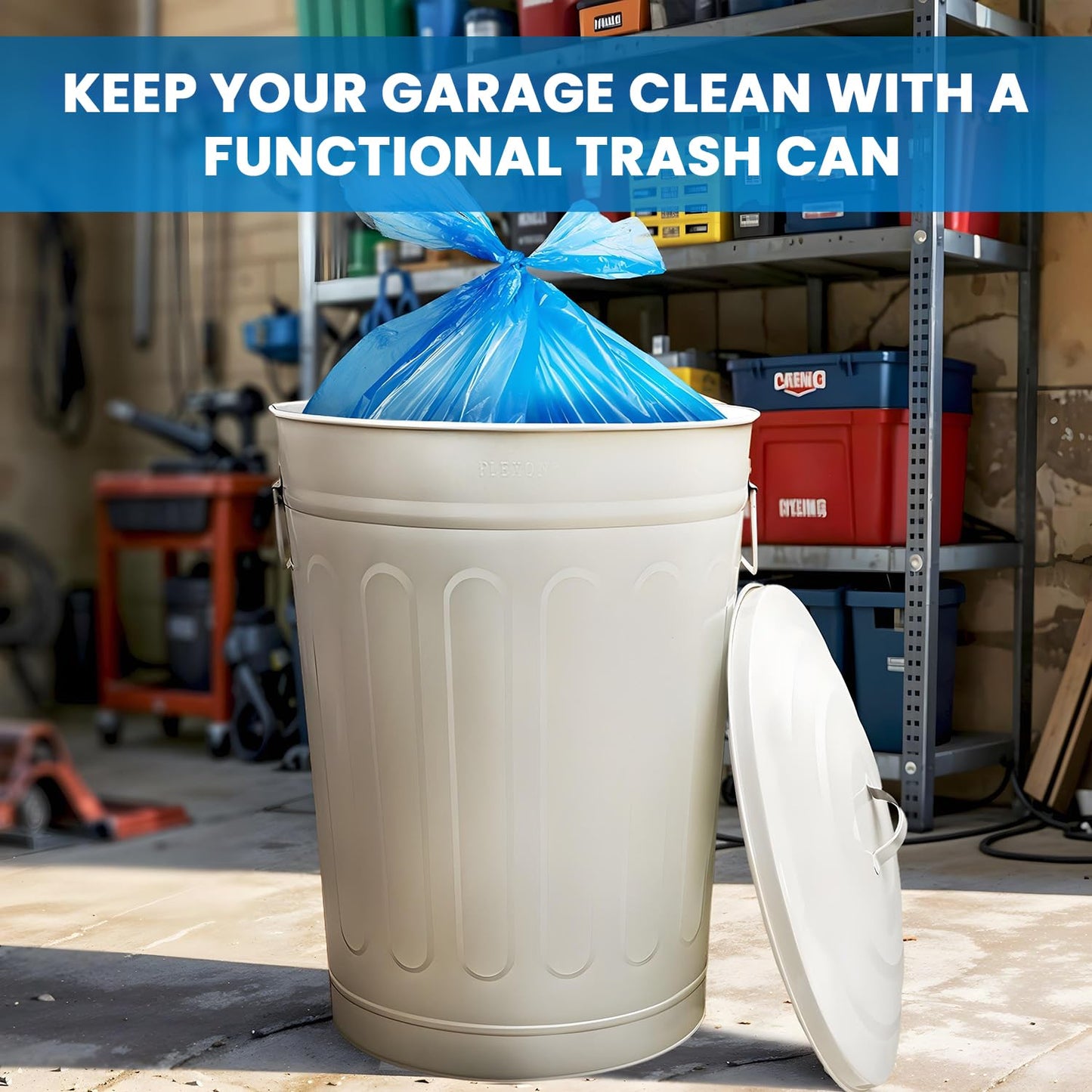 Plexon Round Trash Can 13 Gallon, Vintage Metal Outdoor Trash Can with Lid, Retro Farmhouse Garbage Container, Old School Modern Ash Bucket, Beige 6 Pack