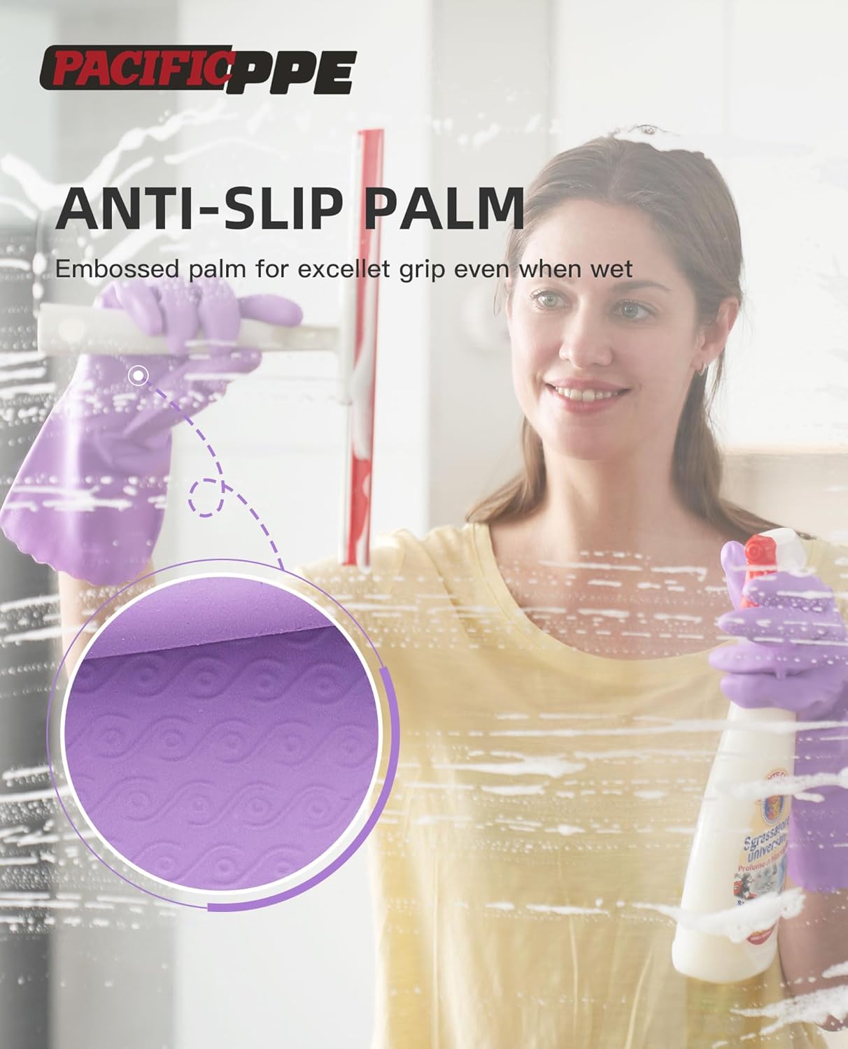 PACIFIC PPE 2 Pairs Reusable Dishwashing Cleaning Gloves with Latex Free, Cotton Lining, Kitchen Gloves, Purple, Small