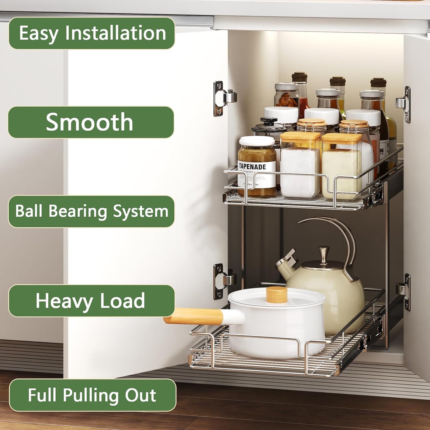 2 Tier Individual Pull Out Cabinet Organizer 12½" W x 21½" D, Heavy Duty Cabinet Pull Out Shelves, Slide Out Drawers Organization for Kitchen Cabinets Bathroom