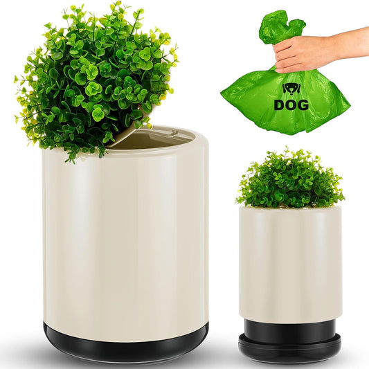 Dog Poop Trash Can Outside 13 L/ 3. 4 Gal Dog Waste Trash Can with Lid, Plant-Styled, Double-Layer Design, Outdoor Garbage Container for Front Porch Backyard Office Patio(White)