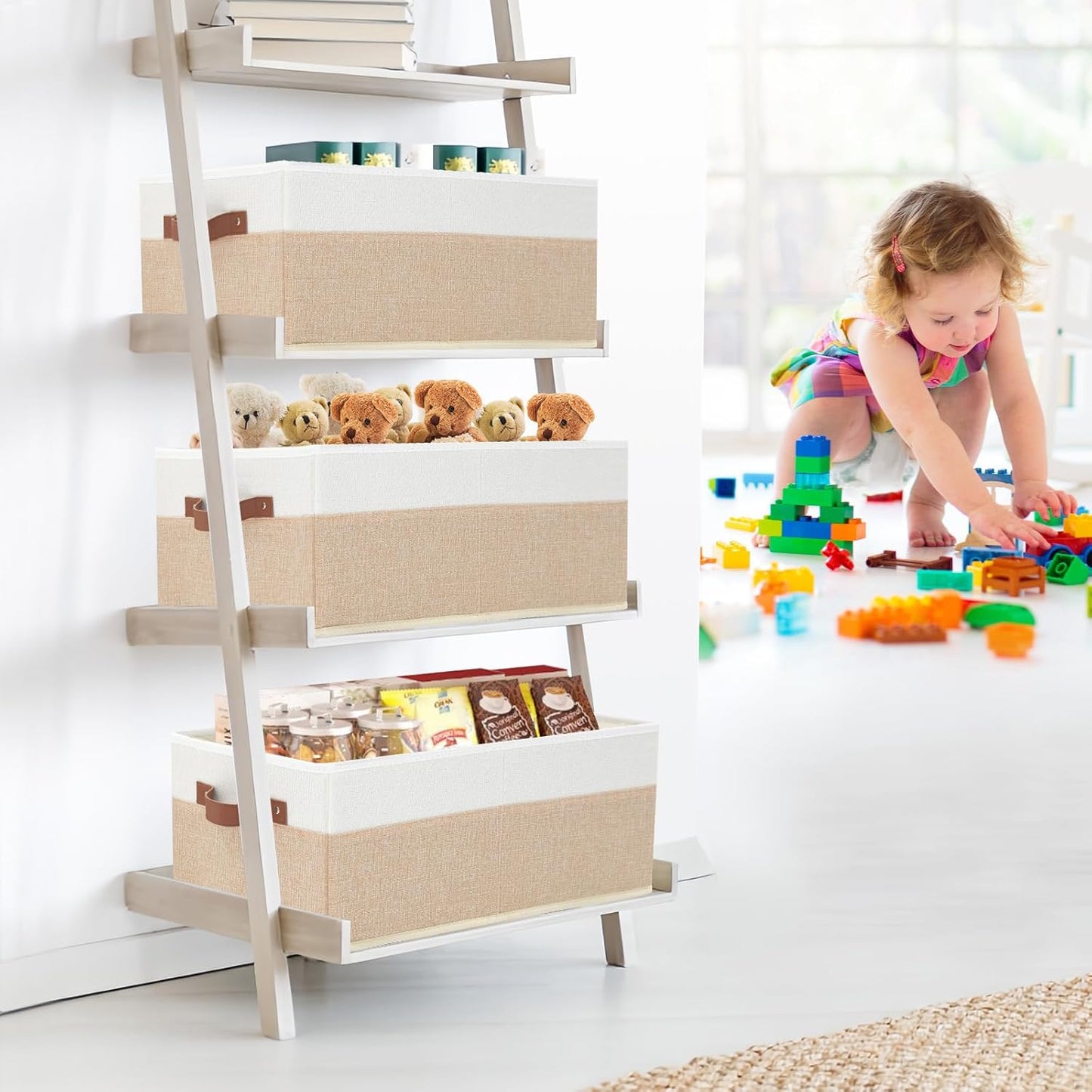 6 Pack Fabric Storage Bins, Large Storage Baskets for Shelves, Foldable Closet Organizer Storage Boxes with Leather Handles for Clothes, Sheets, Jeans, Toys, Books (Beige and White)