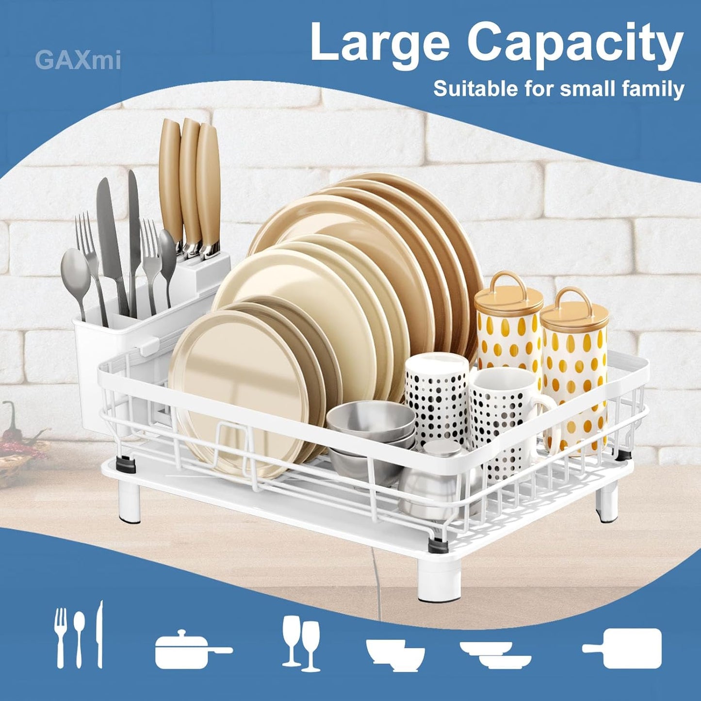GAXmi Dish Drying Rack Over The Sink Dish Drainer with Drainboard Utensil Holder, 1-Tier White
