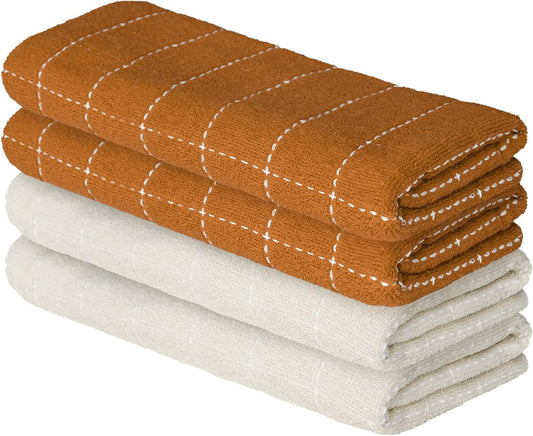 Artoid Mode Checkered Designed Cotton Beige Caramel Terry Kitchen Dish Towels, 15x25 Inch Soft Absorbent Quick Drying Cleaning Tea Towels Set of 4