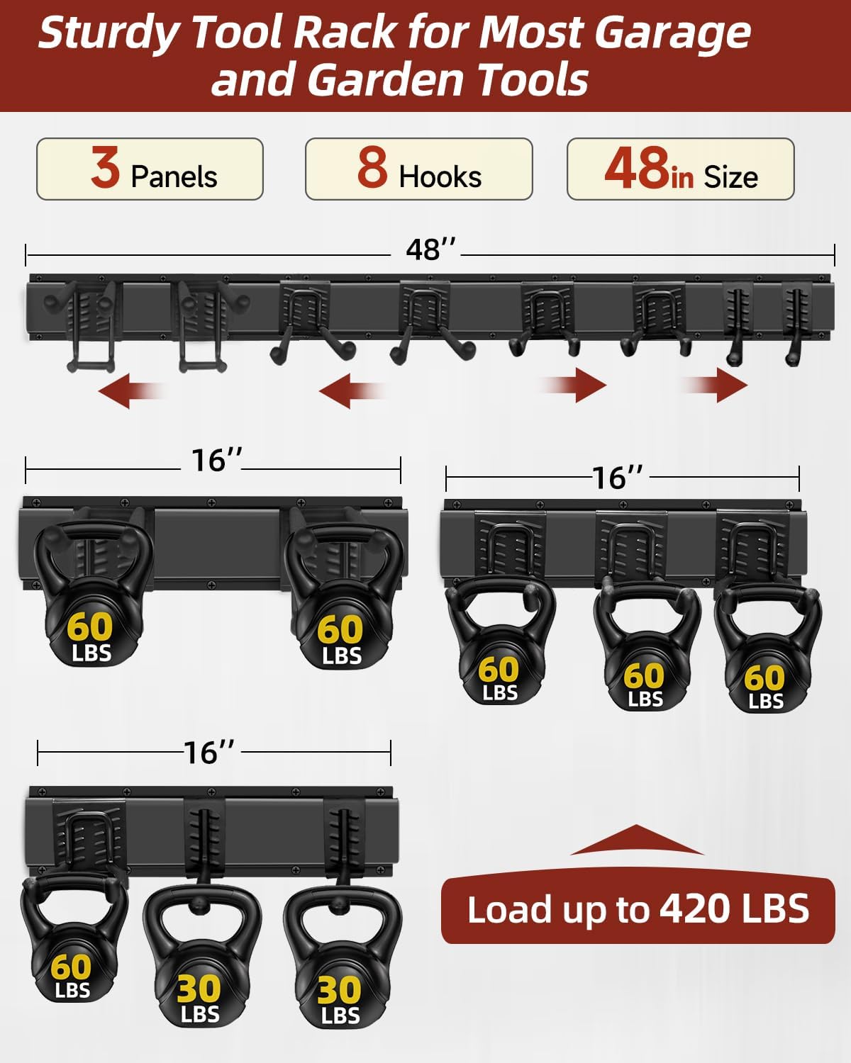 48-Inch Garage Storage Tool Organizer with 8 Hooks - Heavy Duty Metal Rack for Garage Organization, Garden Tool Organizer - Wall Mounted Tool Hanger for Shovels, Ladders, Lawn Tools