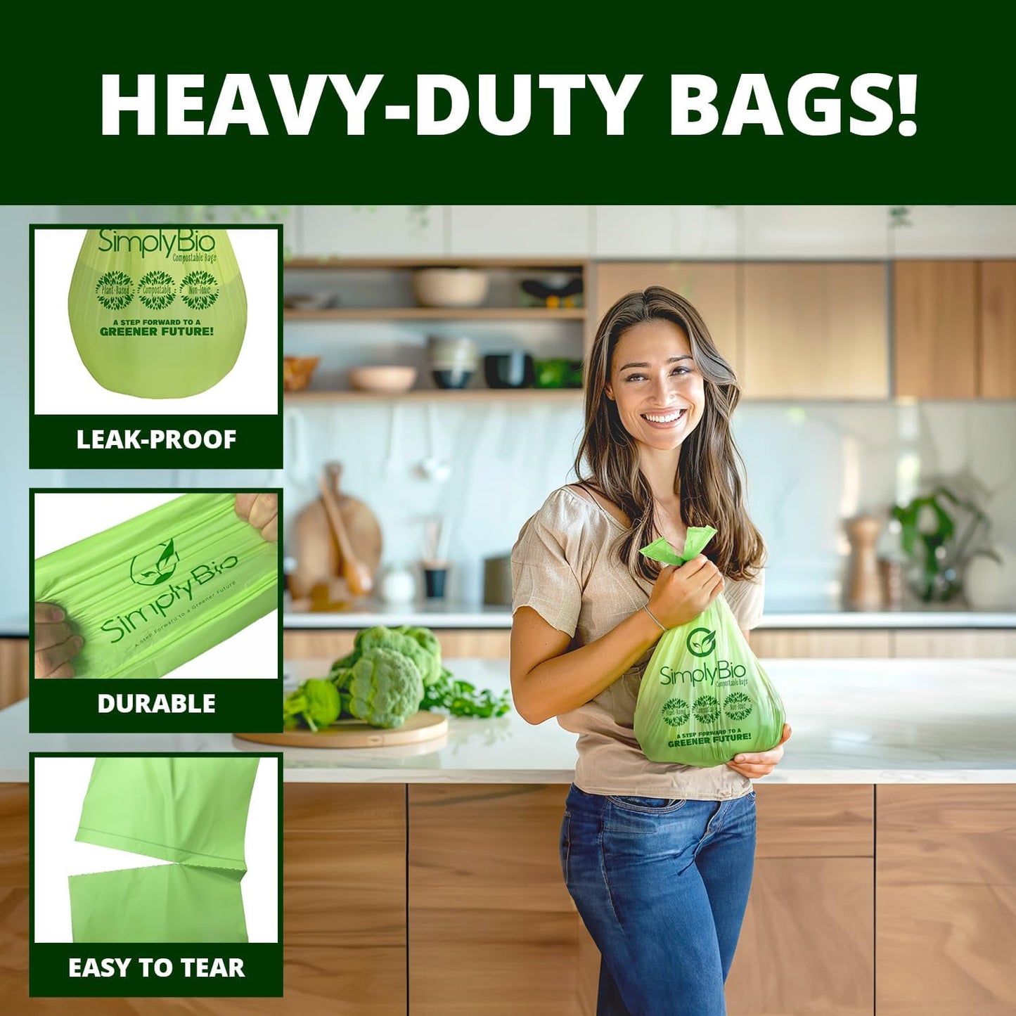Simply Bio 1.6 Gallon Compostable Trash Bags Liners Handle, Heavy Duty Extra Thick 0.6 Mil, 6.06 Liter, 50 Bags, Small Kitchen Food Scrap Waste Bag, ASTM D6400, US BPI and OK Compost Home Certified