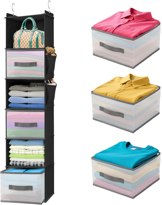 6-Tier Hanging Closet Organizer with 3 Drawers and Side Pockets – Multi-Functional Storage for Shoes, Belts, Purses, and Clothing