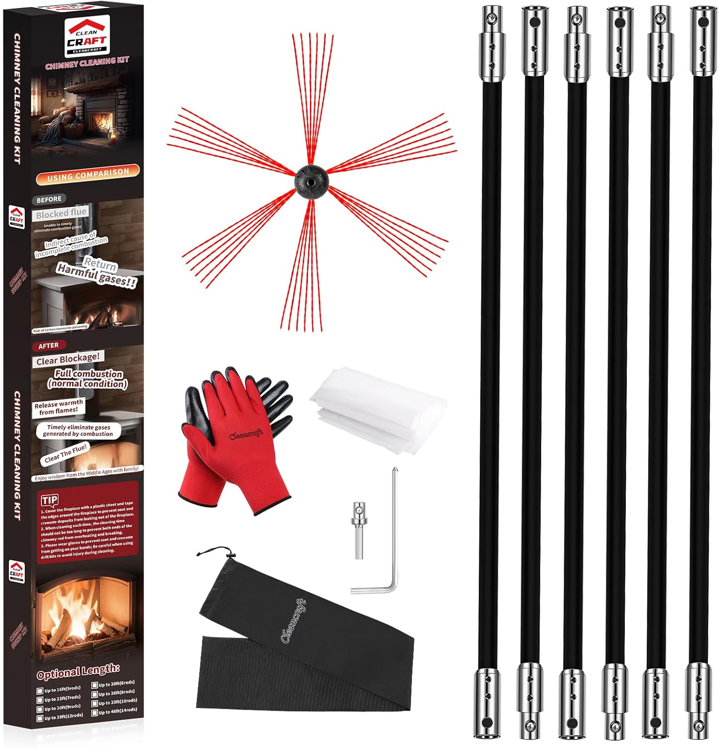 20 Feet Chimney Sweep Kit, Chimney Cleaning Kit with 6 Flexible Black Chimney Rods, Chimney Brush, Rotary Chimney Cleaning System Driven by Drill