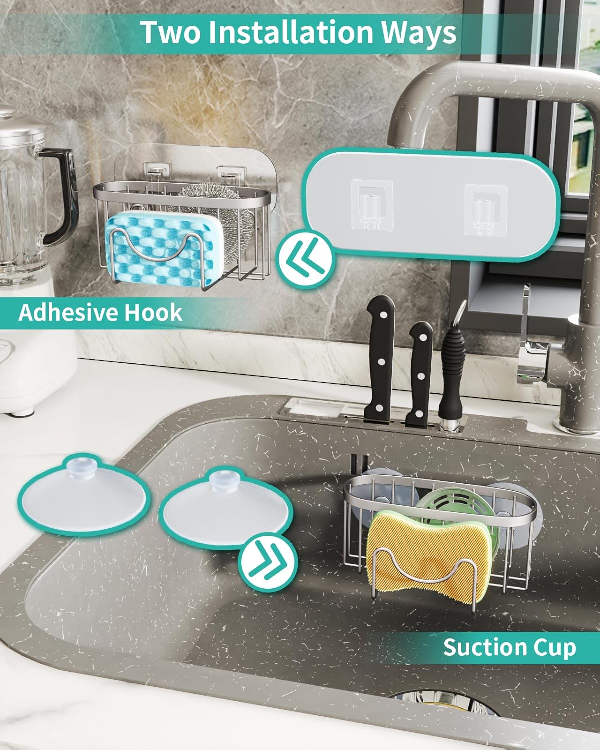 HapiRm Multifunctional Kitchen Sponge Holder with Unique M-Shaped, 2 Installation Ways Sink Caddy, Stainless Steel Kitchen Organizer for Sponge, Brush, Sink Stopper and Scraper -Brushed Nickel