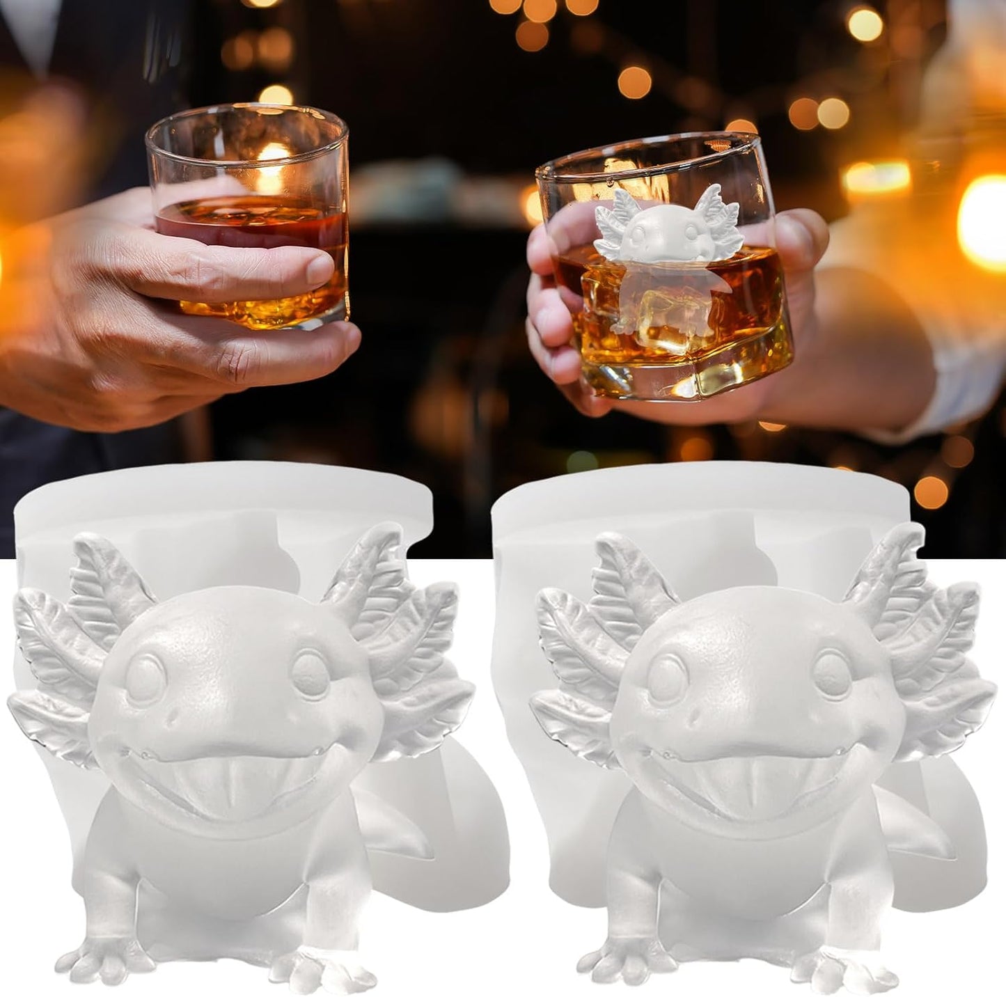 3D Axolotl Ice Cube Silicone Molds Tray for Whiskey, Cocktail, Drink Decor, Bar; Rich Details. Cute Axolotls Gifts for Women Kids Boys Girls, Fun Animal Shape Candle Epoxy Resign Mold; 2 Pack