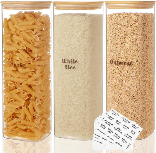 3 Pcs Square Glass Pantry Storage Containers with Bamboo Airtight Lid and 248 Clear Pantry Labels Preprinted - 74oz Thicken Glass Food Storage Jars for Coffee, Cookie, Tea, Sugar, Spice