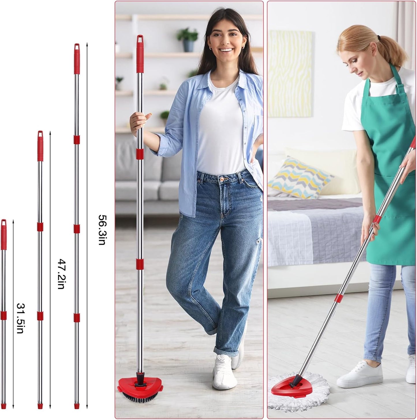 Mop Heads Replacements Complete Combo for O-Ceda,4 Pcs Red Machine Washable Microfiber Spin Mop Refills Replace Heads,2 Scrub Brushs,1 Base,1 Set Handle,Spin Mop Replacements for Tub and Tile Cleaning