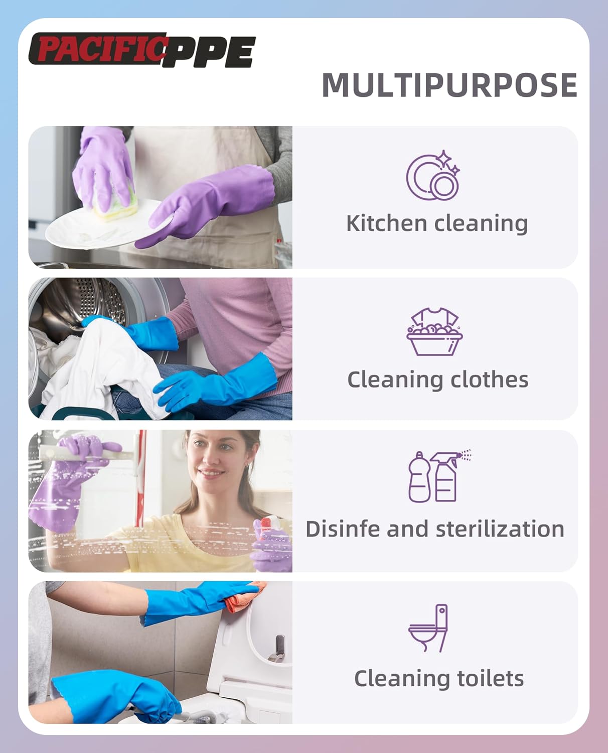 PACIFIC Cleaning Gloves with Latex free, Dishwashing Kitchen Gloves with Cotton Flocked Liner, Reusable, Non-Slip, Water Resistant Household Gloves, Blue, Large