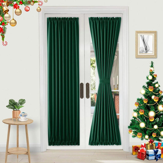DWCN French Door Curtains – Rod Pocket Thermal Blackout Curtain for Doors with Glass Window, Kitchen and Patio Doors for Privacy, 25 X 72 Inches Long, 1 Curtain Panel with Tieback,Hunter Green