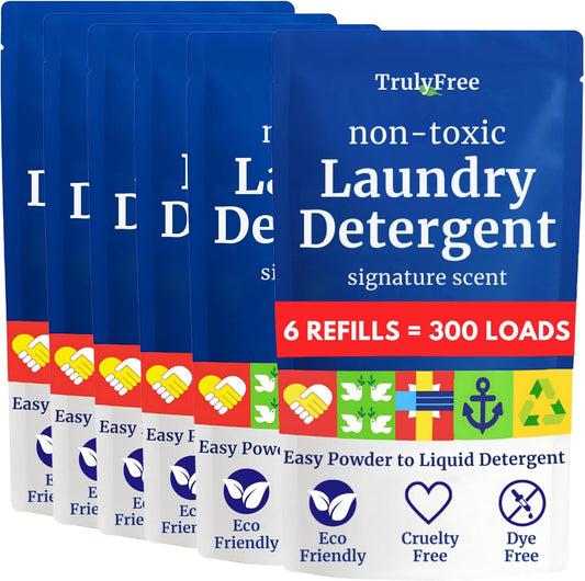 Truly Free Natural Laundry Detergent for Sensitive Skin | Eco Friendly, Plant Based, Baby Clothes Safe | Clean & Easy Powder to Liquid, 6 Pack Refill Detergent, NO Jug | Signature Scent, 300 Loads