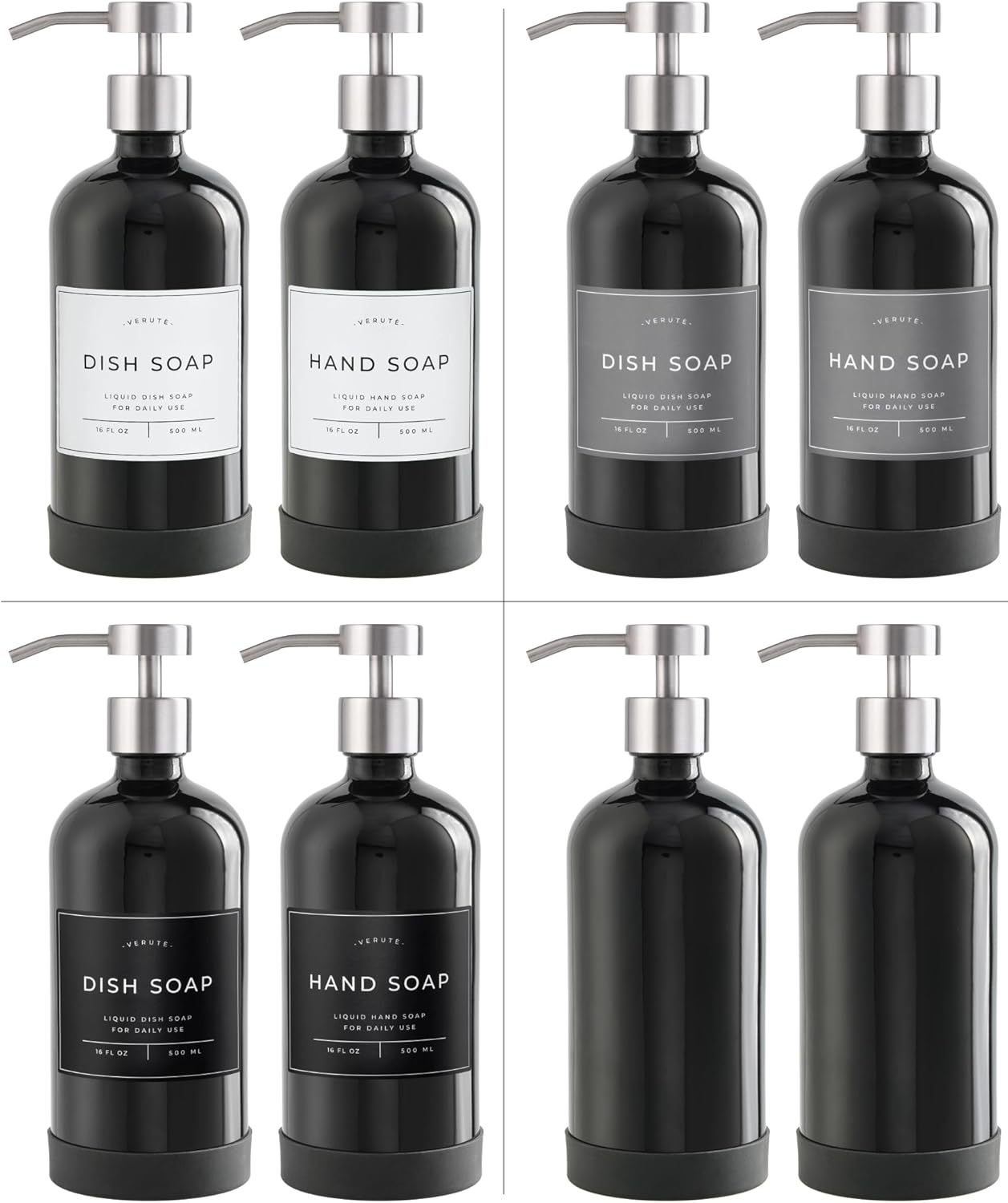 16oz Glass Soap Dispenser with Stainless Steel Pump, 21 Waterproof Labels, Non-Slip Protective Silicone Pad, Set of 2 for Bathroom & Kitchen (Gloss Black Bottle/Brushed Silver Pump)