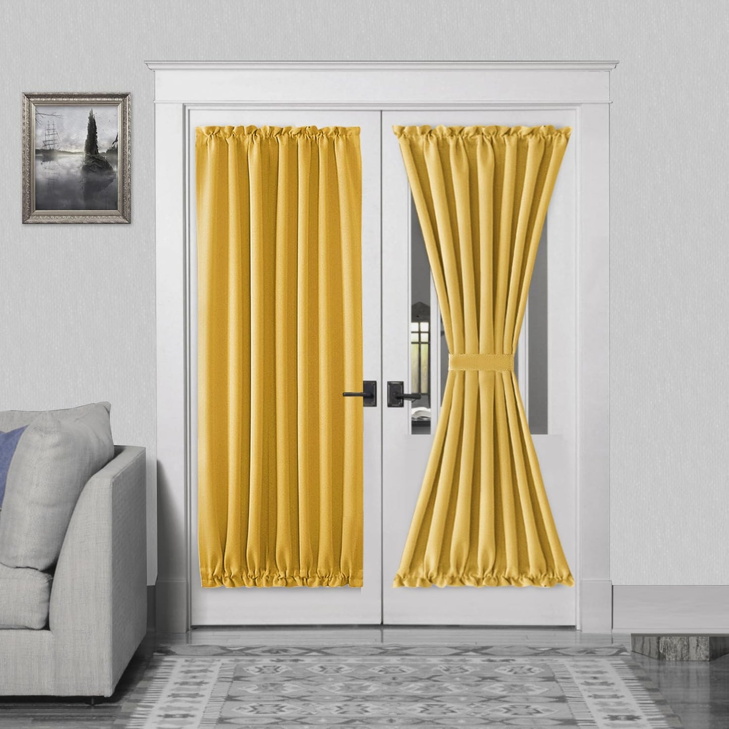 DWCN French Door Curtains – Rod Pocket Thermal Blackout Curtain for Doors with Glass Window, Kitchen and Patio Doors for Privacy, 54 X 72 Inches Long, 1 Curtain Panel with Tieback, Yellow