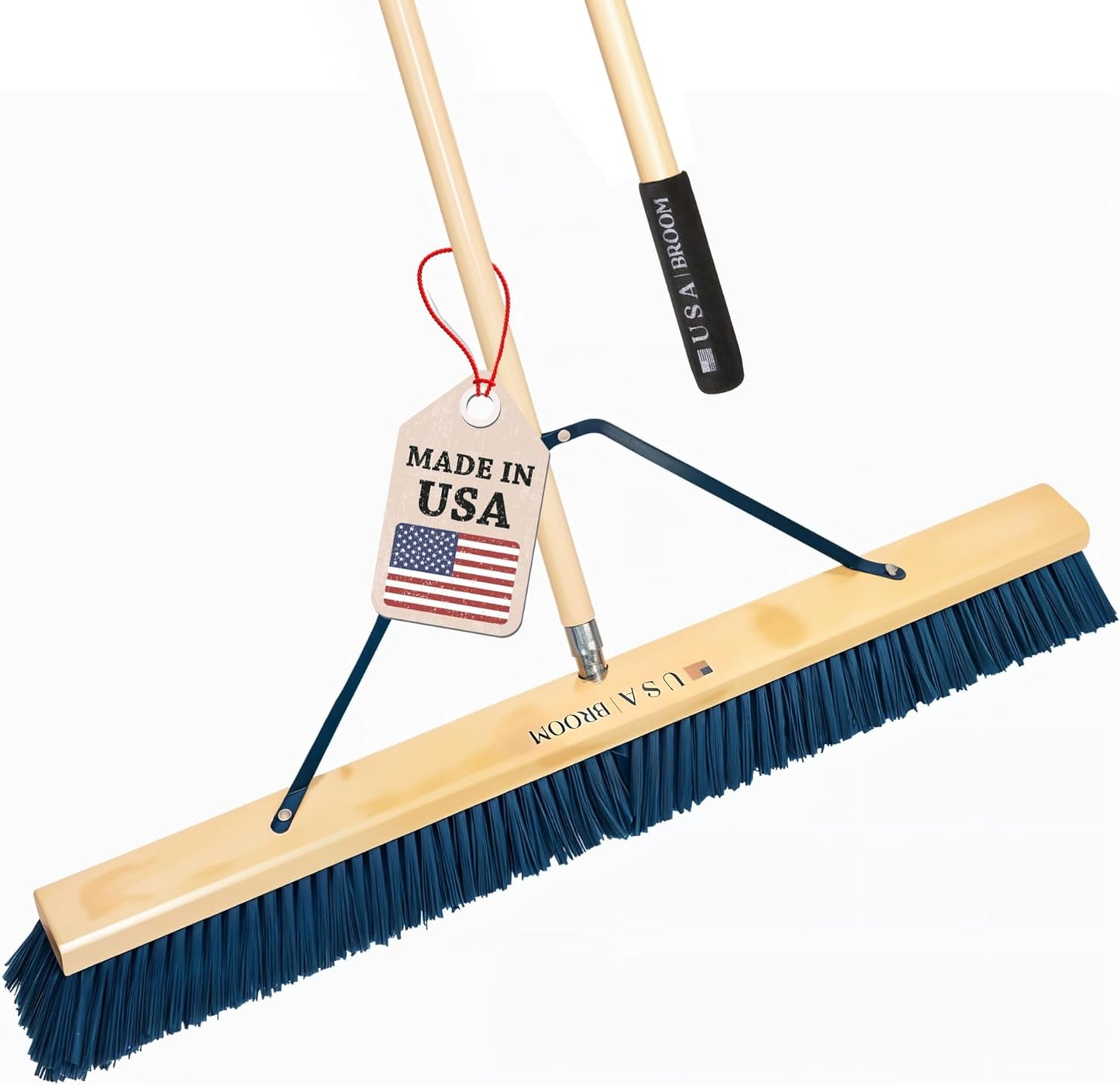 36" Heavy Duty Outdoor Push Broom with 60" Handle. Ideal for Ashpalt, Concrete & Heavy Debris. Durable American Made Steel Brackets-Stainless Steel Hardware. No Plastic. 100% Made in The USA.