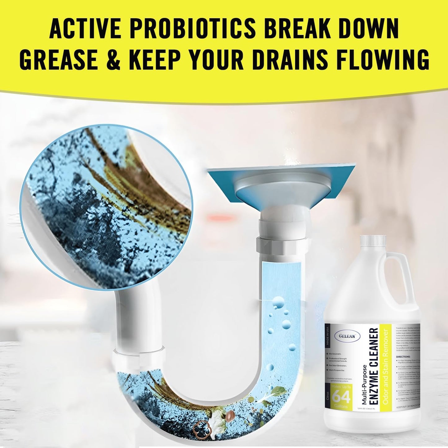 Multi-Purpose Probiotic Enzyme Cleaner, Made in USA - Pet Stain and Odor Remover - Concentrated - Professional & Home Strength Drains, Floors, Bathrooms, Toilets Trash Can, (1 gallon, Citrus)