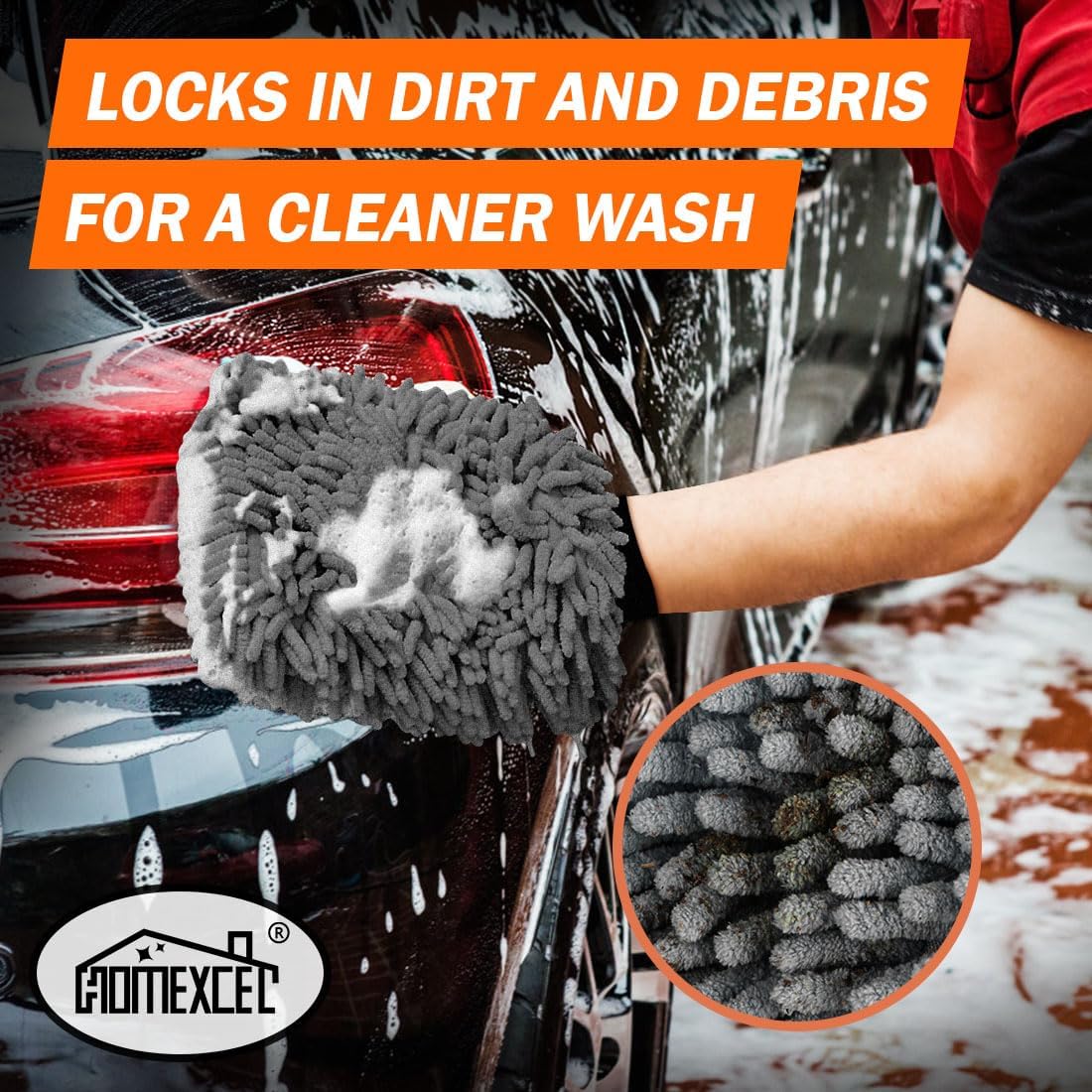 HOMEXCEL Car Wash Mitt, 2PK Chenille Microfiber Wash Mitt, Scratch-Free & Lint-Free, Rich Foam, Highly Absorbent, Double Sided, Perfect for Car Washing and Detailing, 10.2" x 6.7 ", Grey