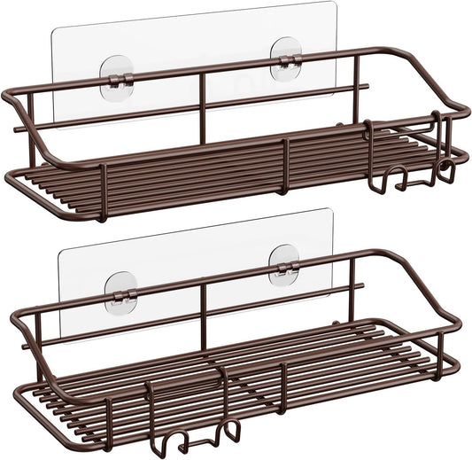 Nieifi Shower Caddy Shelf Storage Rack Adhesive Without Drilling Stainless Steel with Hooks for Washroom, Lavatory, Restroom, Toilet, Bathroom, Kitchen - 2 Pack Bronze