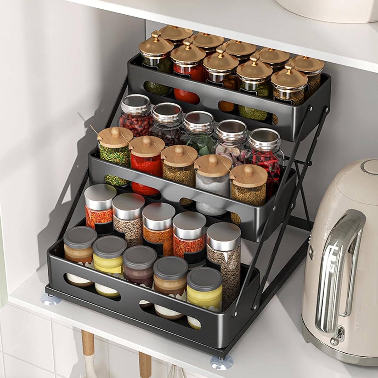 3 Tier Foldable Spice Rack for Countertop Iron Kitchen Seasoning Organizer for Cabinet, Black