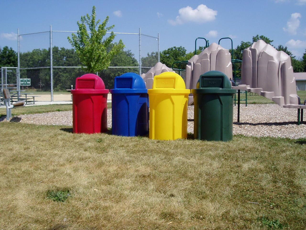 42 Gallon Circle 100% Recycled Plastic Heavy Duty Outdoor Commercial Trash Can with Push Open Dome Lid and Internal Liner | Great for Schools and Businesses - Light Granite