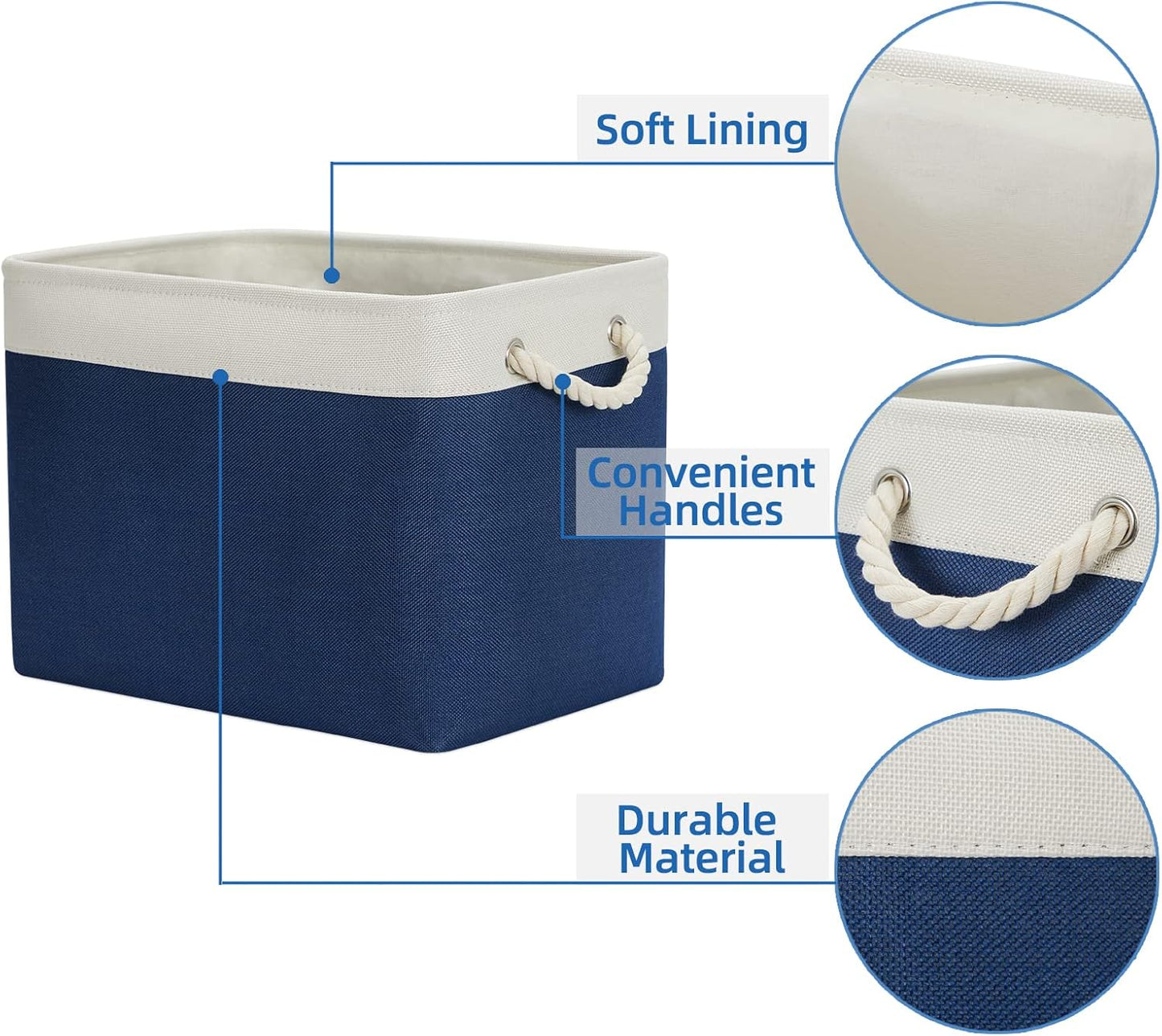 Temary Storage Baskets for Shelves, 2 Pcs Fabric Storage Bins Empty Gift Baskets for Organizing Clothes, Books, Decorative Basket with Rope Handles (White&Blue,16Lx12Wx12H Inches)