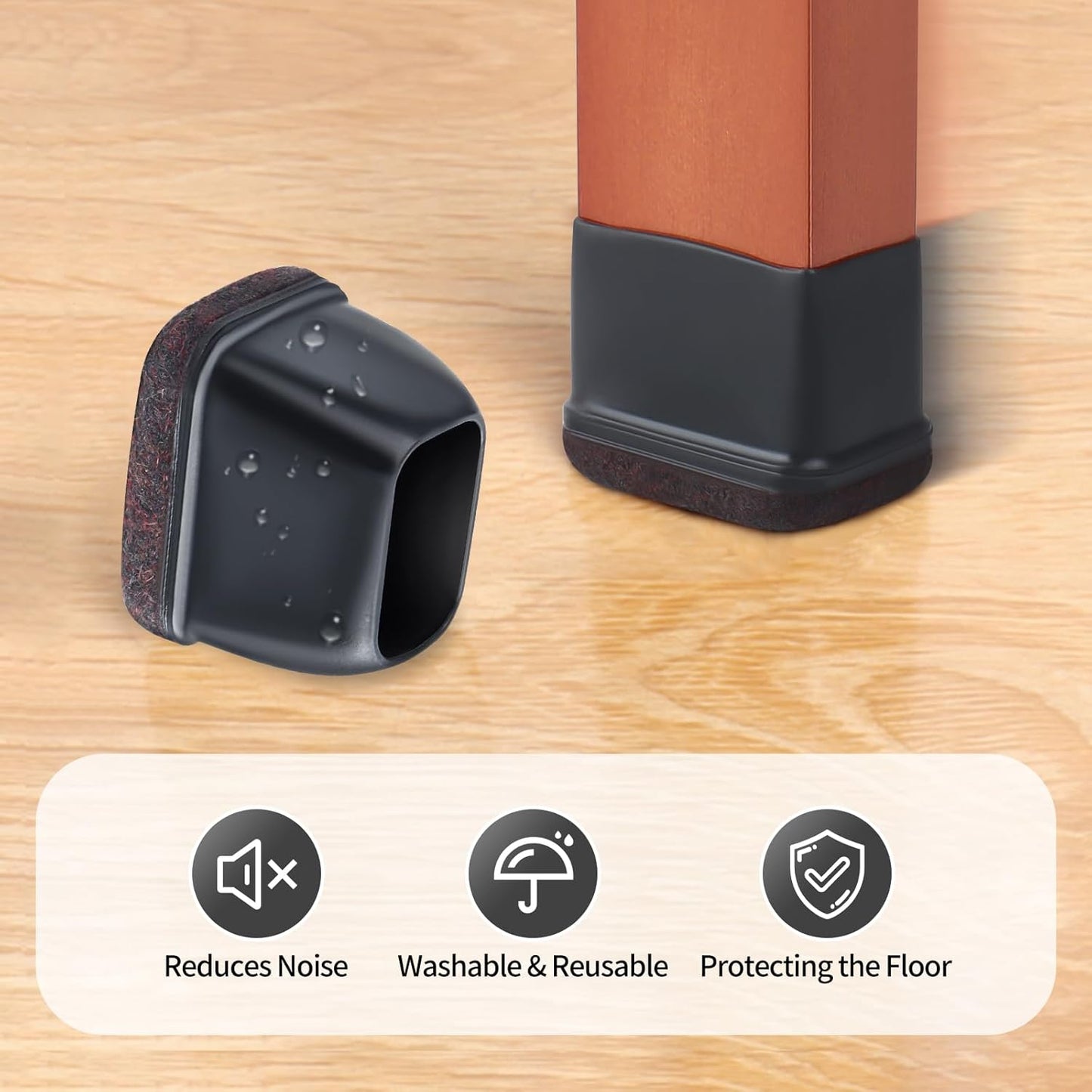 Ezprotekt 16 Pcs Rectangle Black Felt Chair Leg Floor Protectors for Hardwood Floors, Rectangle Silicone Felt Furniture Pads Caps, Table Leg Covers Cups Anti- Scratches (Fit W:0.6-0.8", L:0.9-1.3")