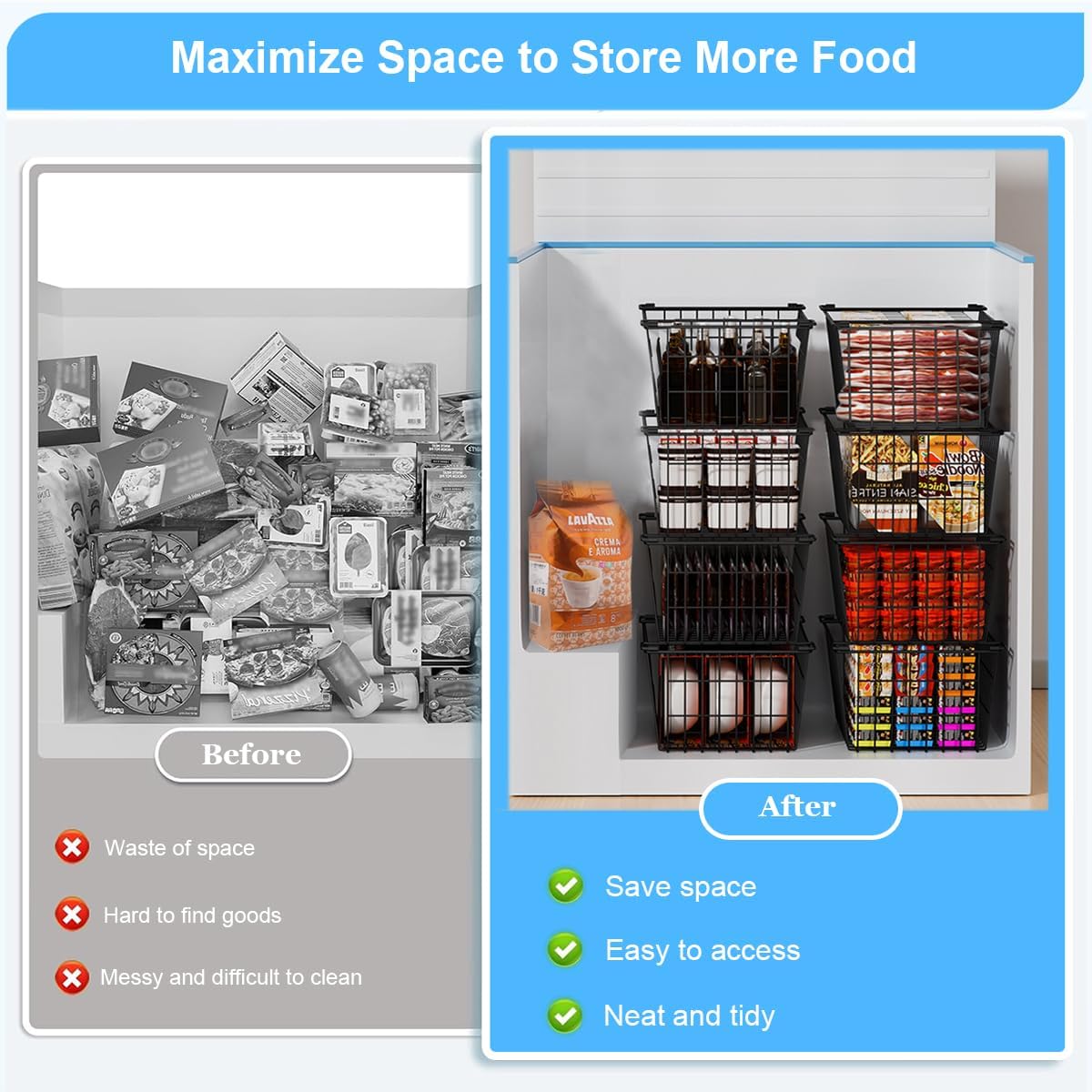 Freezer Organizer Bins, Large Capacity Stackable Baskets for Deep Chest Freezer Easy Get and Sort Bottom Frozen Meats Food Storage Containers Pantry Storage and Organization, 4pcs