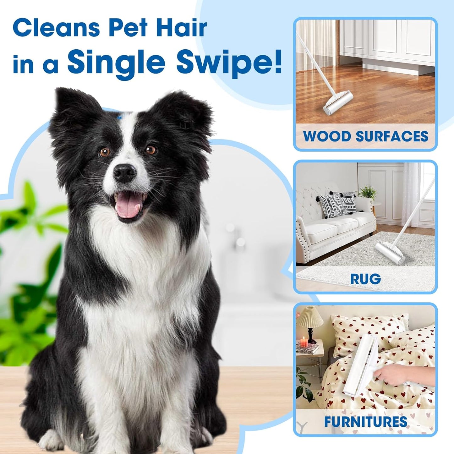 AZEN Large Lint Rollers for Pet Hair, Extra Sticky, 9.45 in Rollers for Floor, Carpet, 180 Sheets Giant Refills with 3 Extendable Long Handle Sticky Mop for Carpet, Floor, Couch