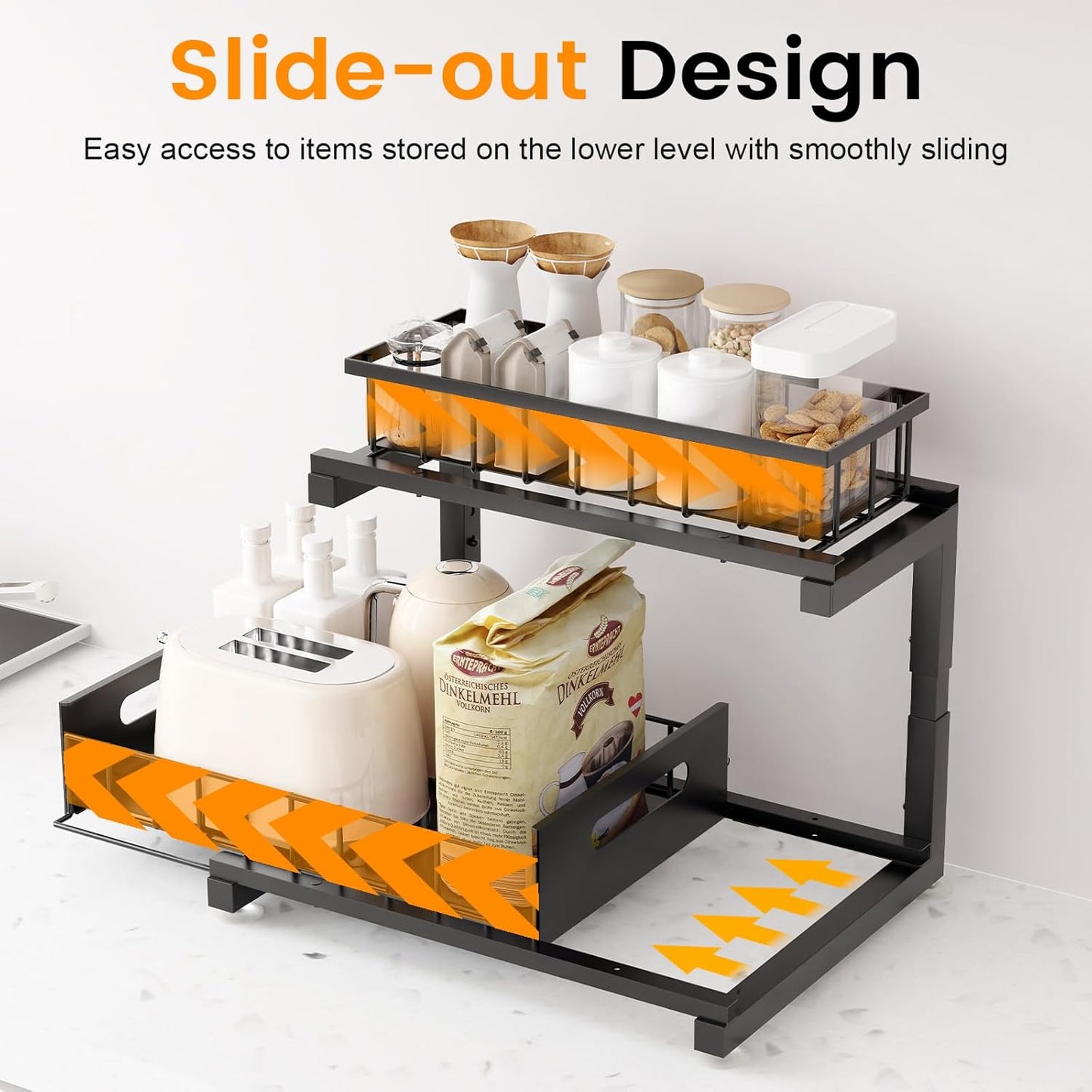 2 Pack Under Sink Organizer, 2-Tier Heavy Duty Metal Pull Out Cabinet Organizer Slide Out Sink Shelf Organizer Height Adustable, Multi-Purpose Storage Shelf for Kitchen Bathroom (Black, 2 Pack)